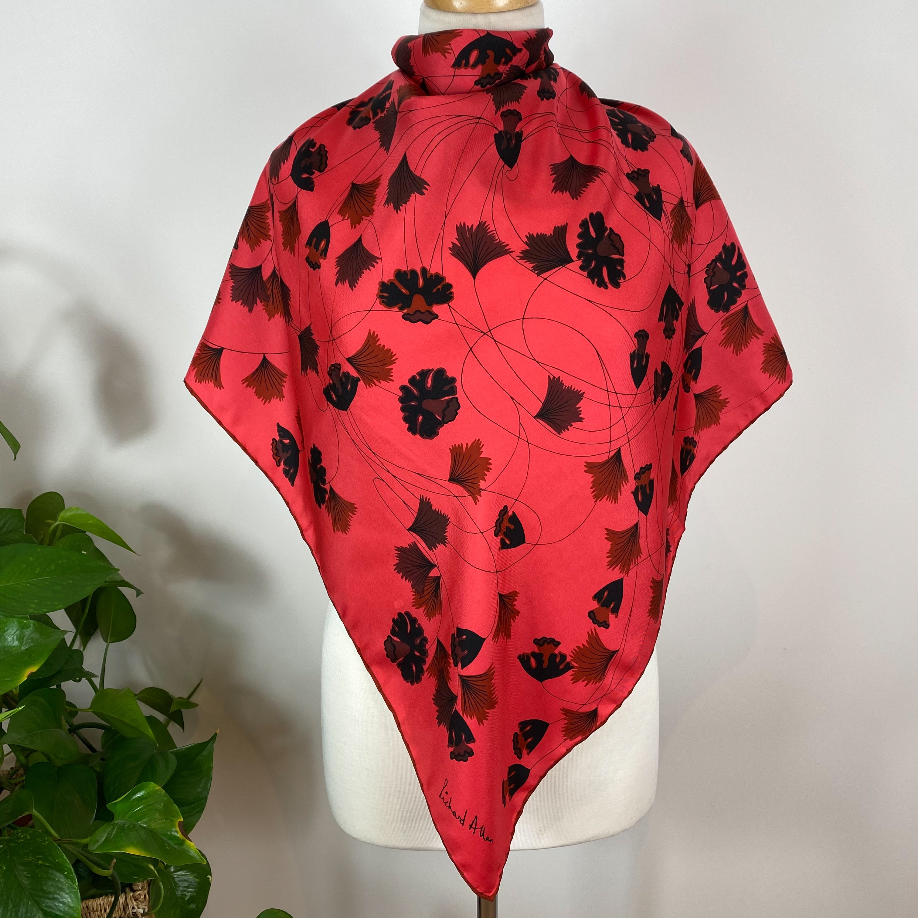 1970s Richard Allan Red Floral Vintage Silk Scarf