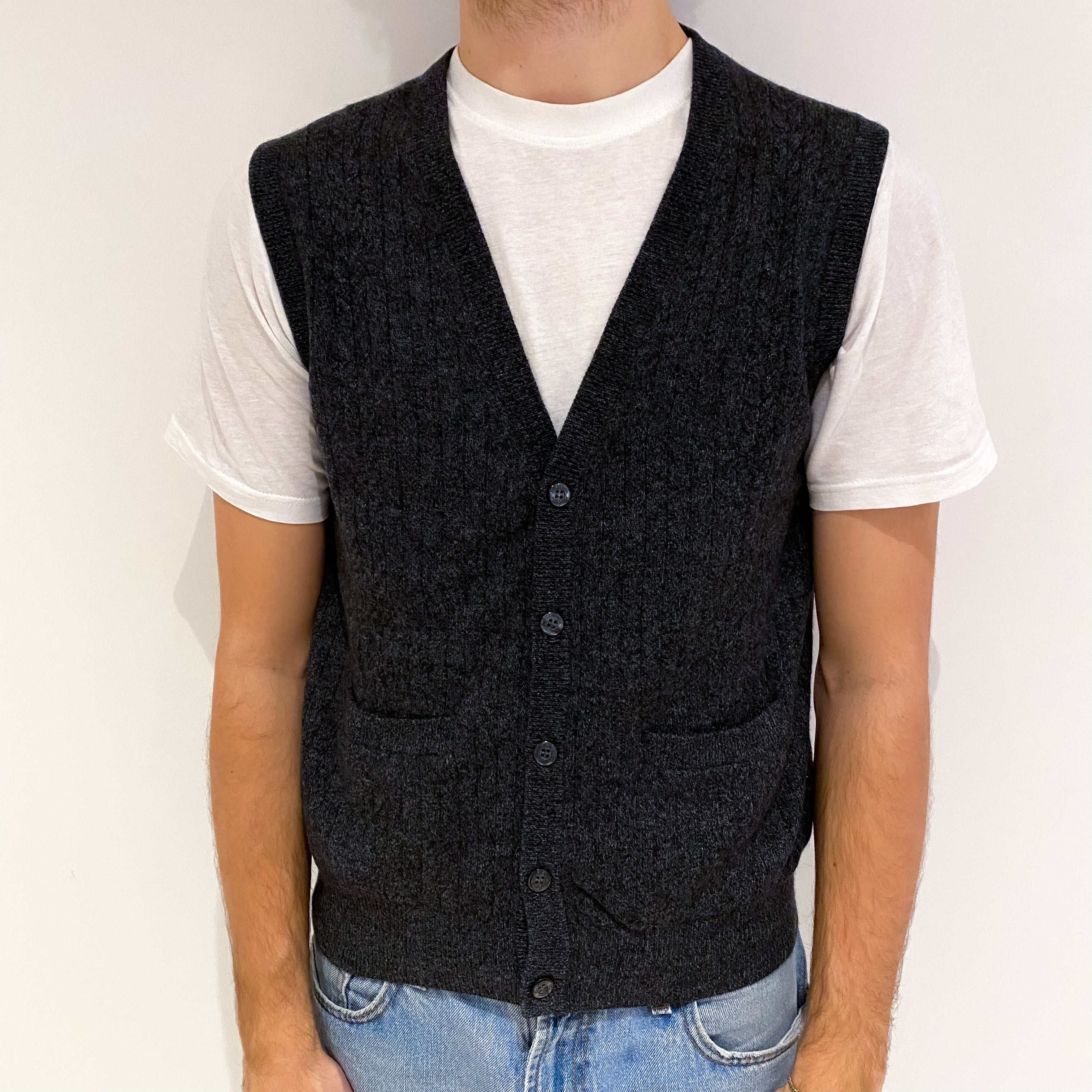 Men's Charcoal Grey Cashmere V Neck Button Up Vest Jumper Medium