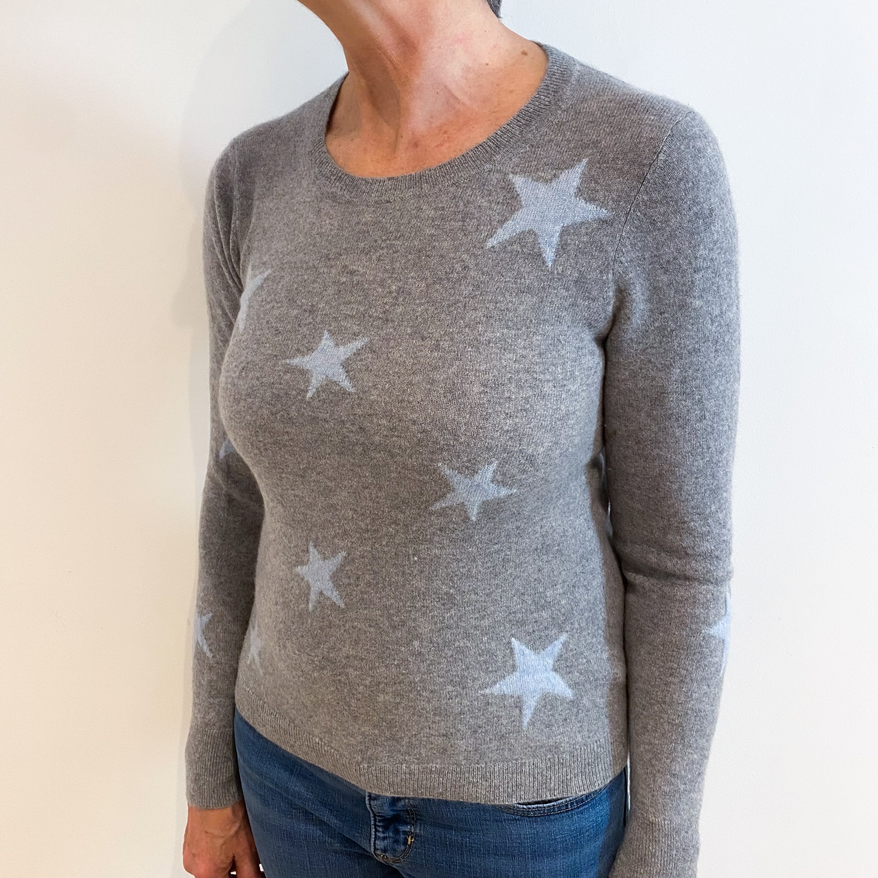 Ash Grey Blue Star Cashmere Crew Neck Jumper Medium