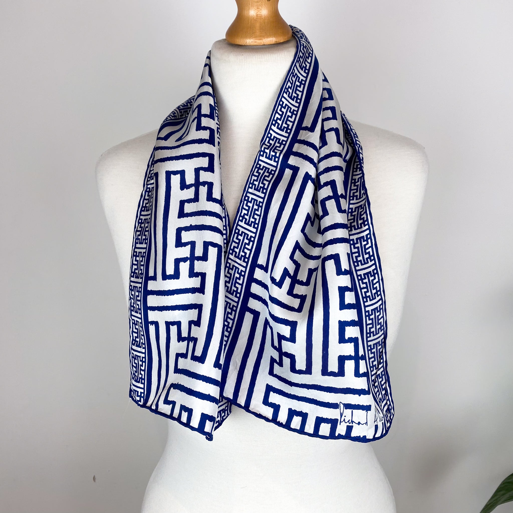 1970s Richard Allan Blue and White Vintage Silk Scarf