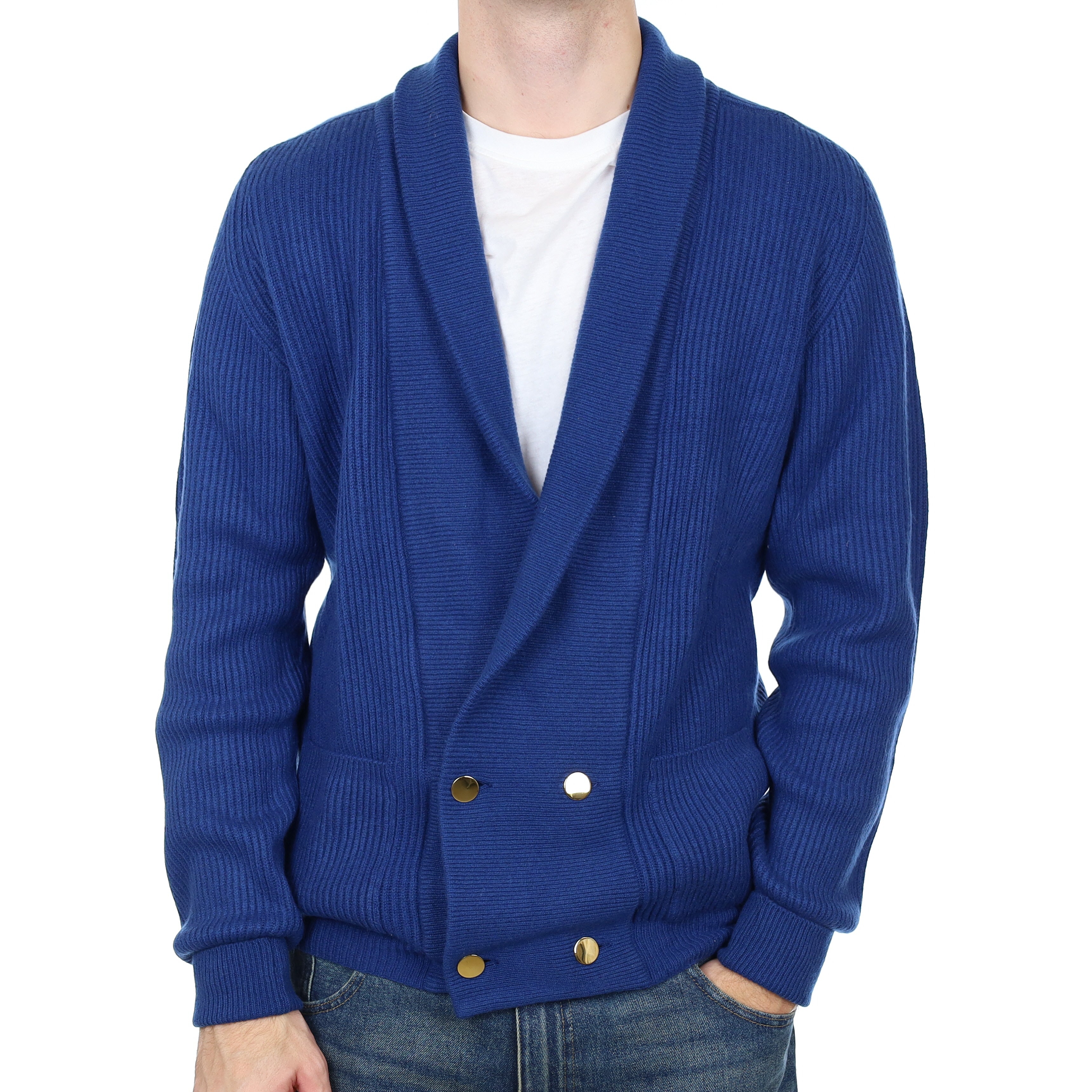 Men’s Vintage Scottish Blue Cashmere Chunky Shawl Collar Cardigan Large