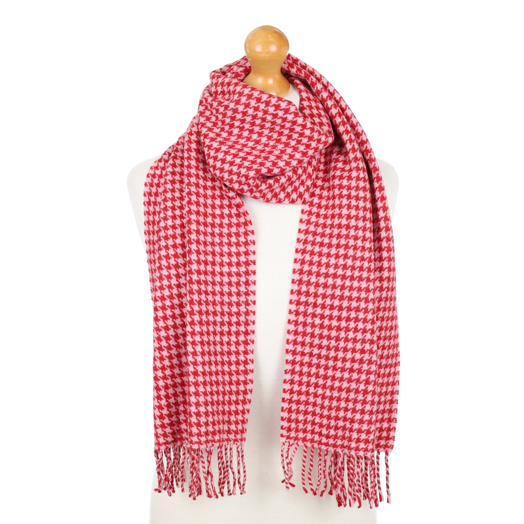 Pink and Red Dogtooth Fringed Cashmere Woven Scarf