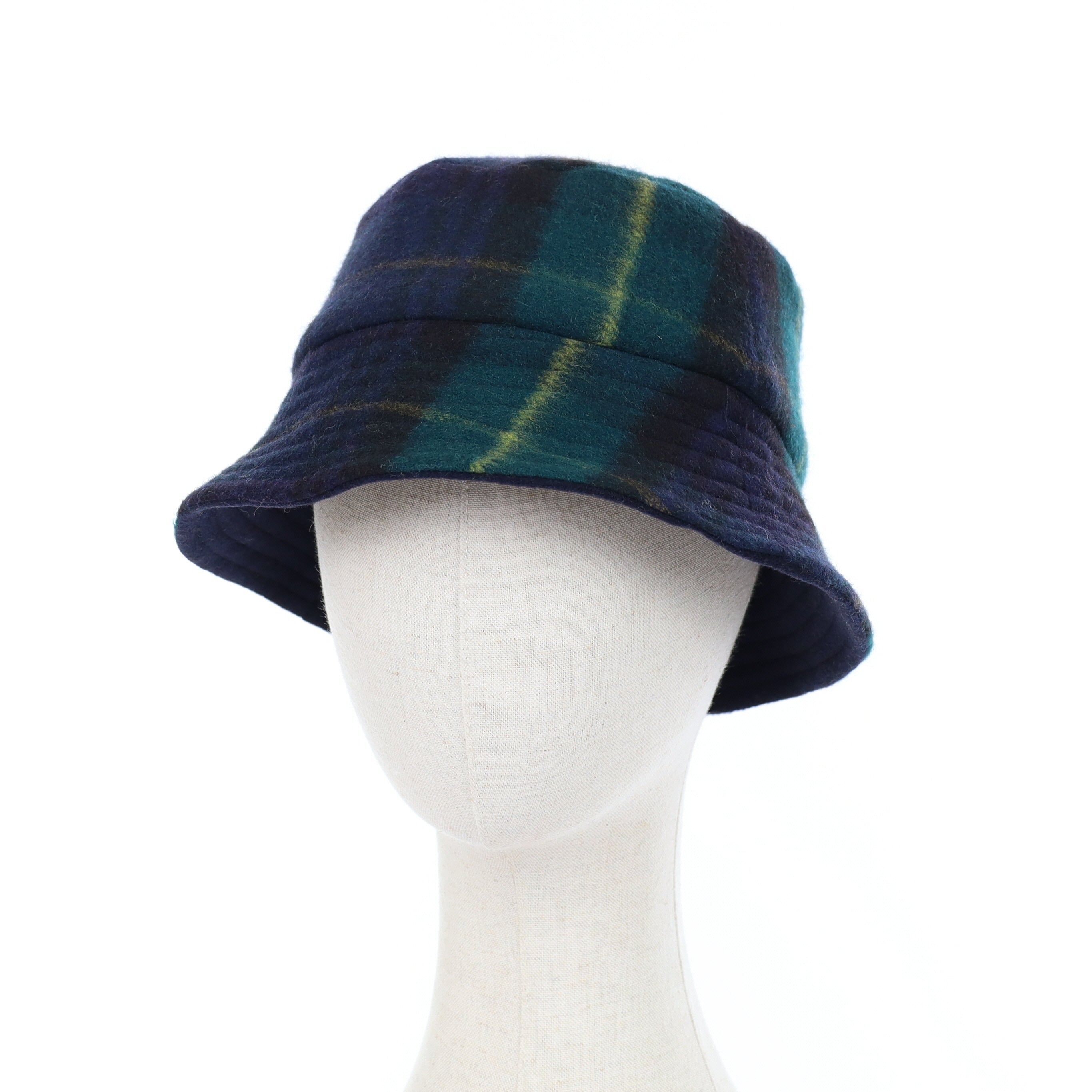 Navy and Green Plaid Reversible Cashmere Bucket Hat Small