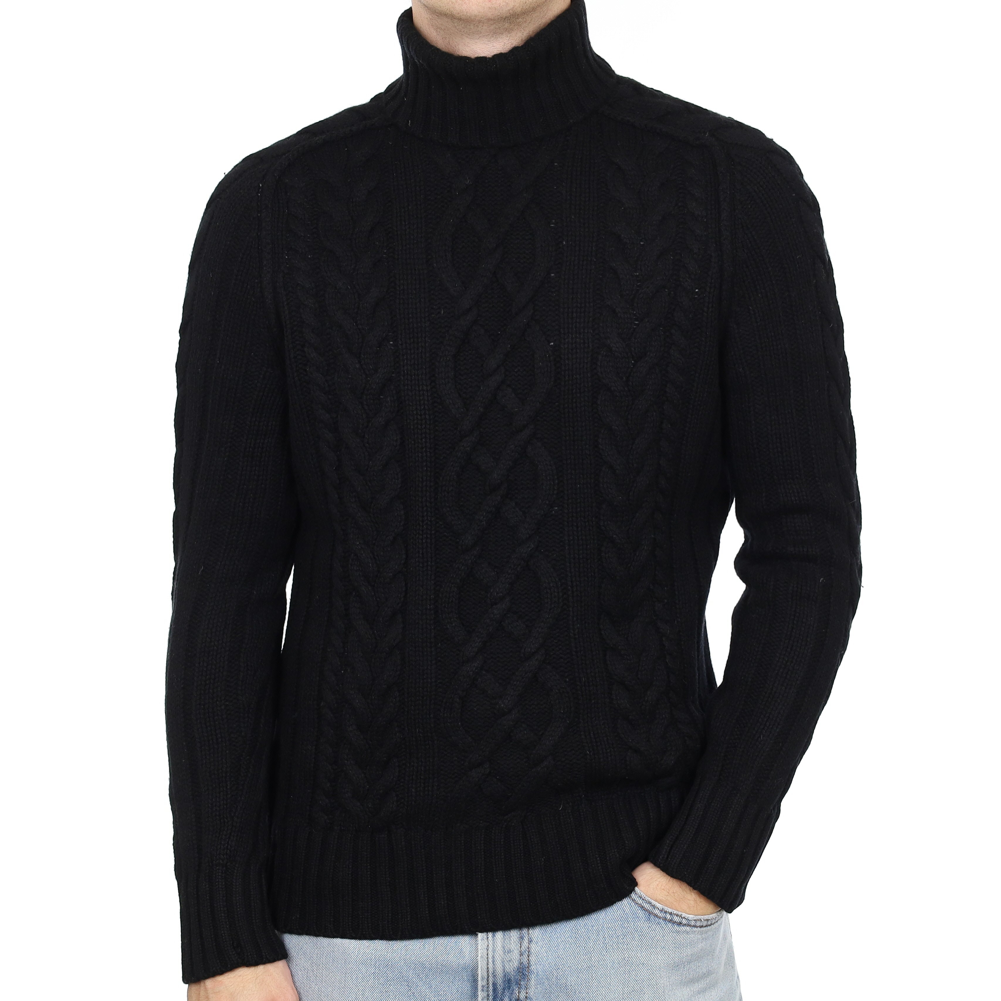 Men's Black Chunky Cable Cashmere Polo Neck Jumper Large