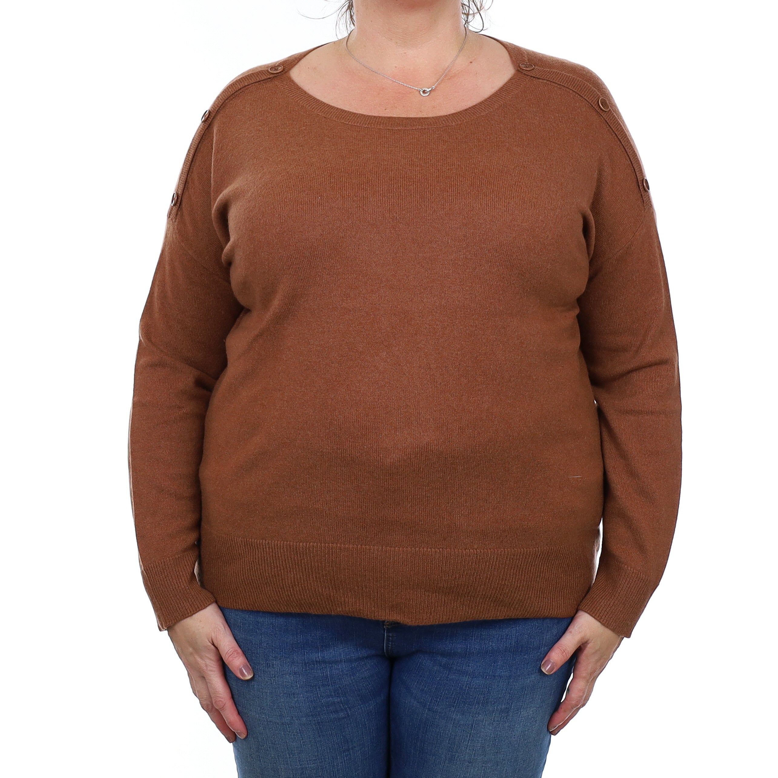 Chestnut Brown Button Detail Cashmere Slash Neck Jumper Extra Large