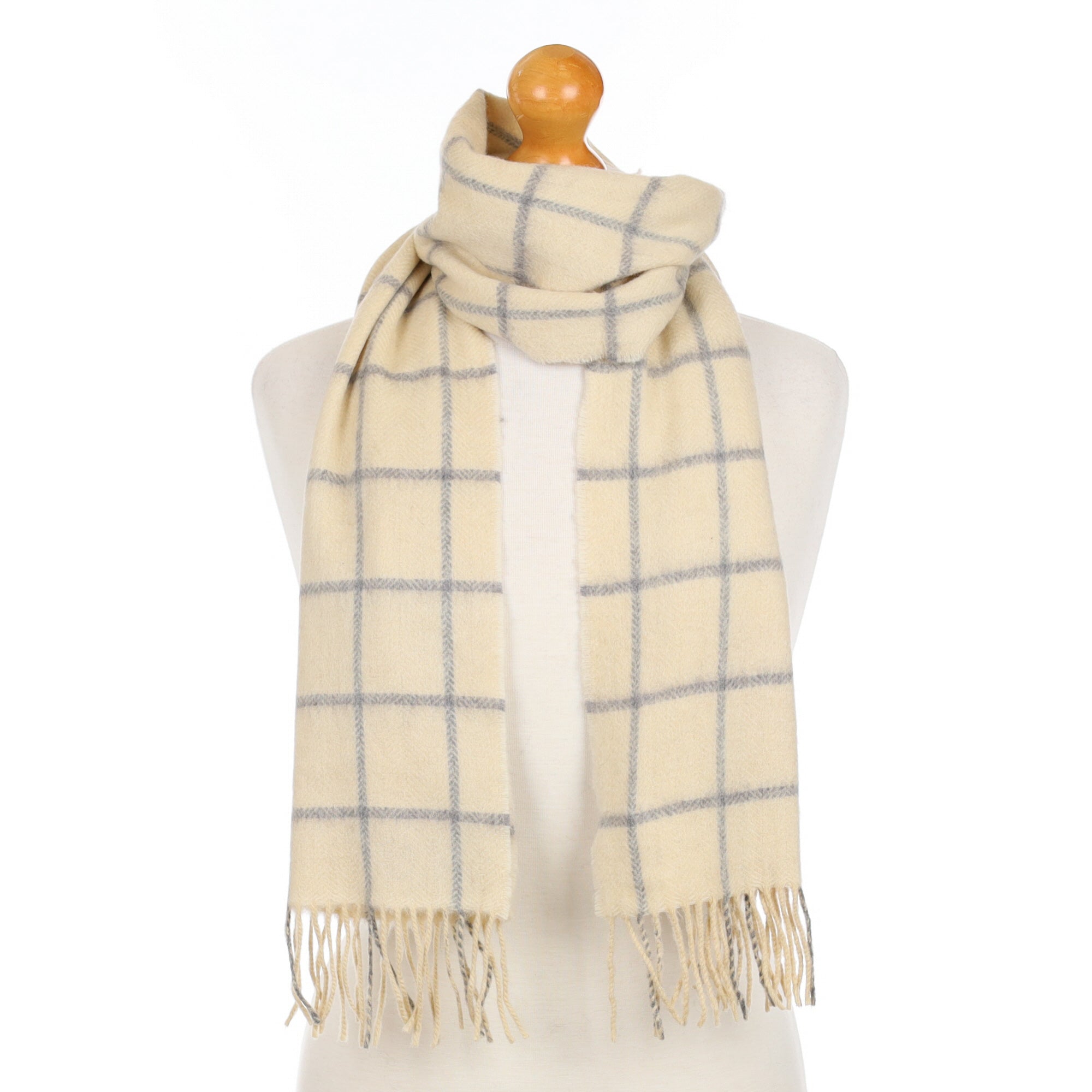 Soft Beige Check Cashmere Fringed Woven Scarf