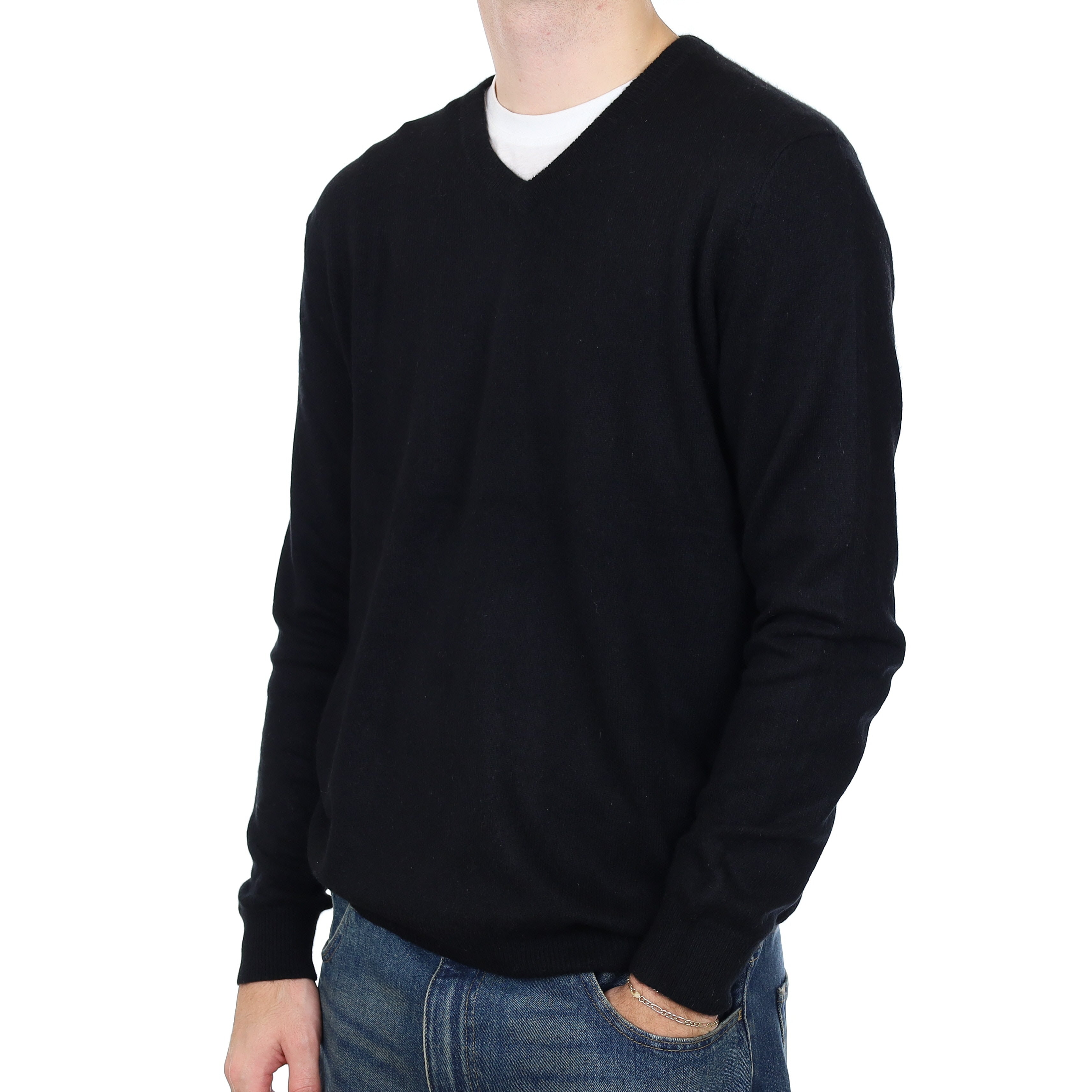 Men’s Black Cashmere V Neck Jumper Large