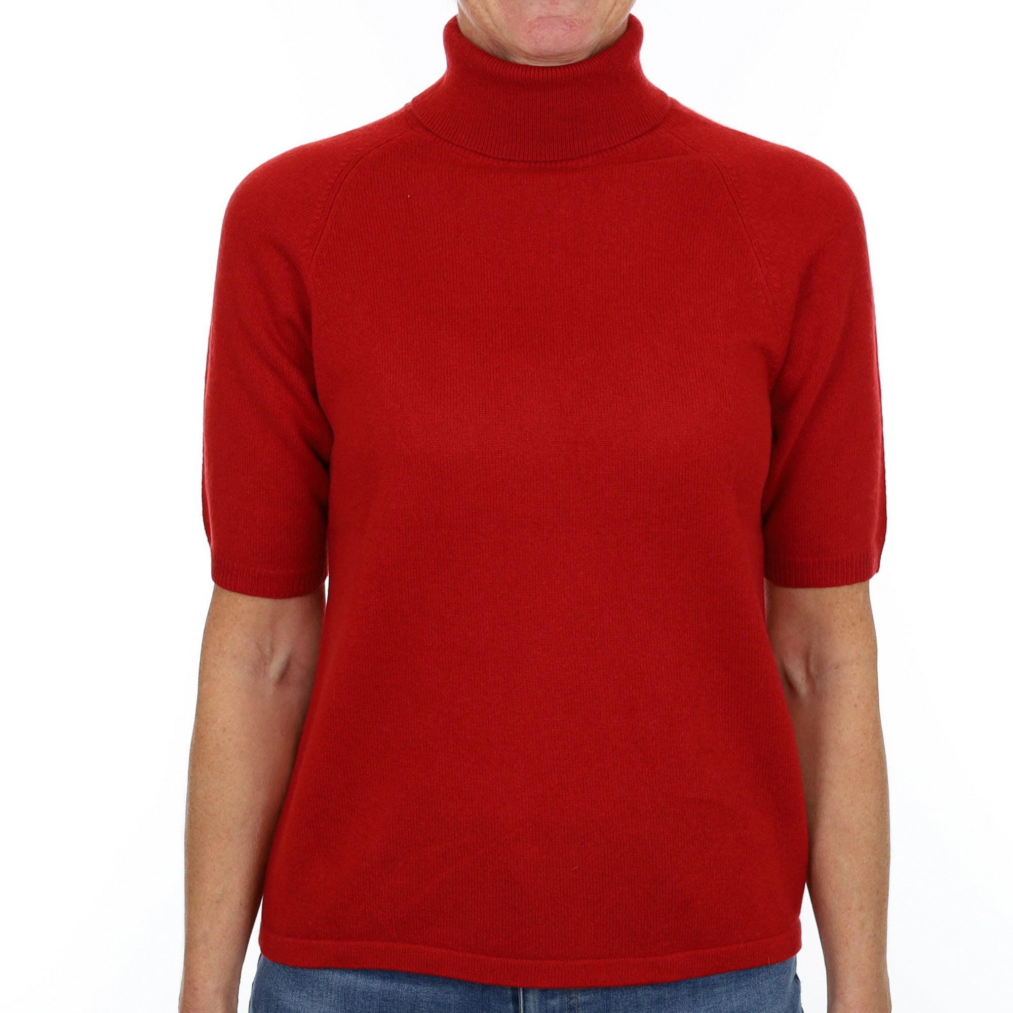 Crimson Red Cashmere Polo Neck Short Sleeved Jumper Small