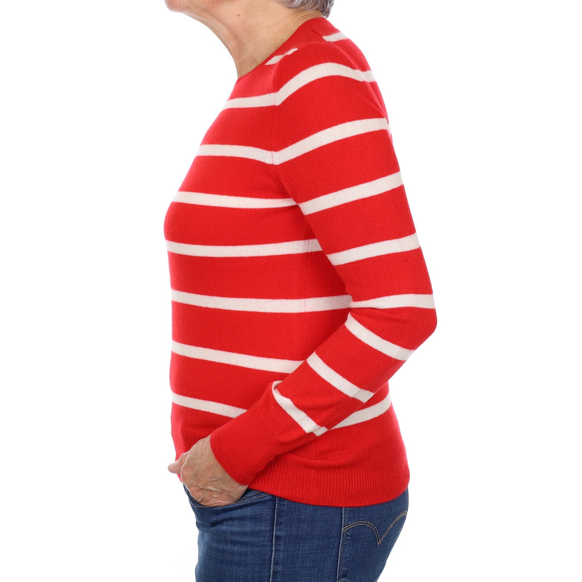 Scarlet and Ivory Stripe Cashmere Crew Neck Jumper Medium