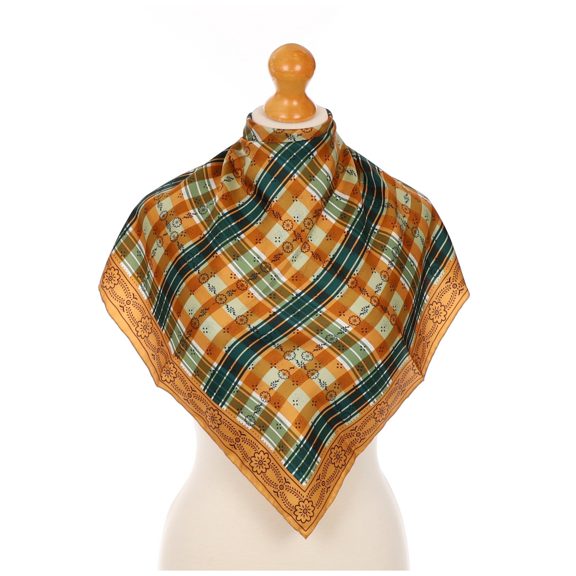 Checked Green and Camel Vintage Silk Scarf