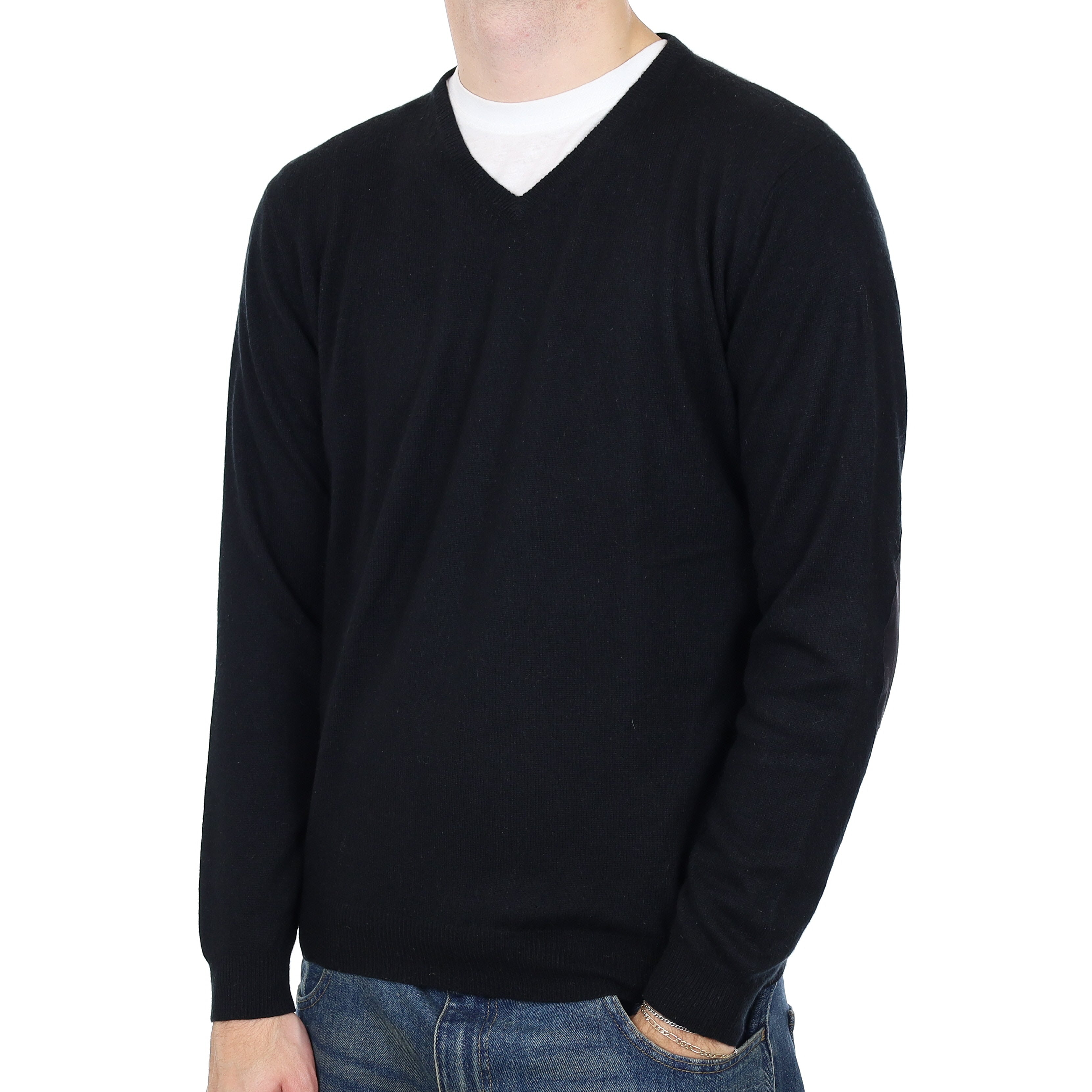 Men’s Black with Elbow Patches Cashmere V Neck Jumper Medium