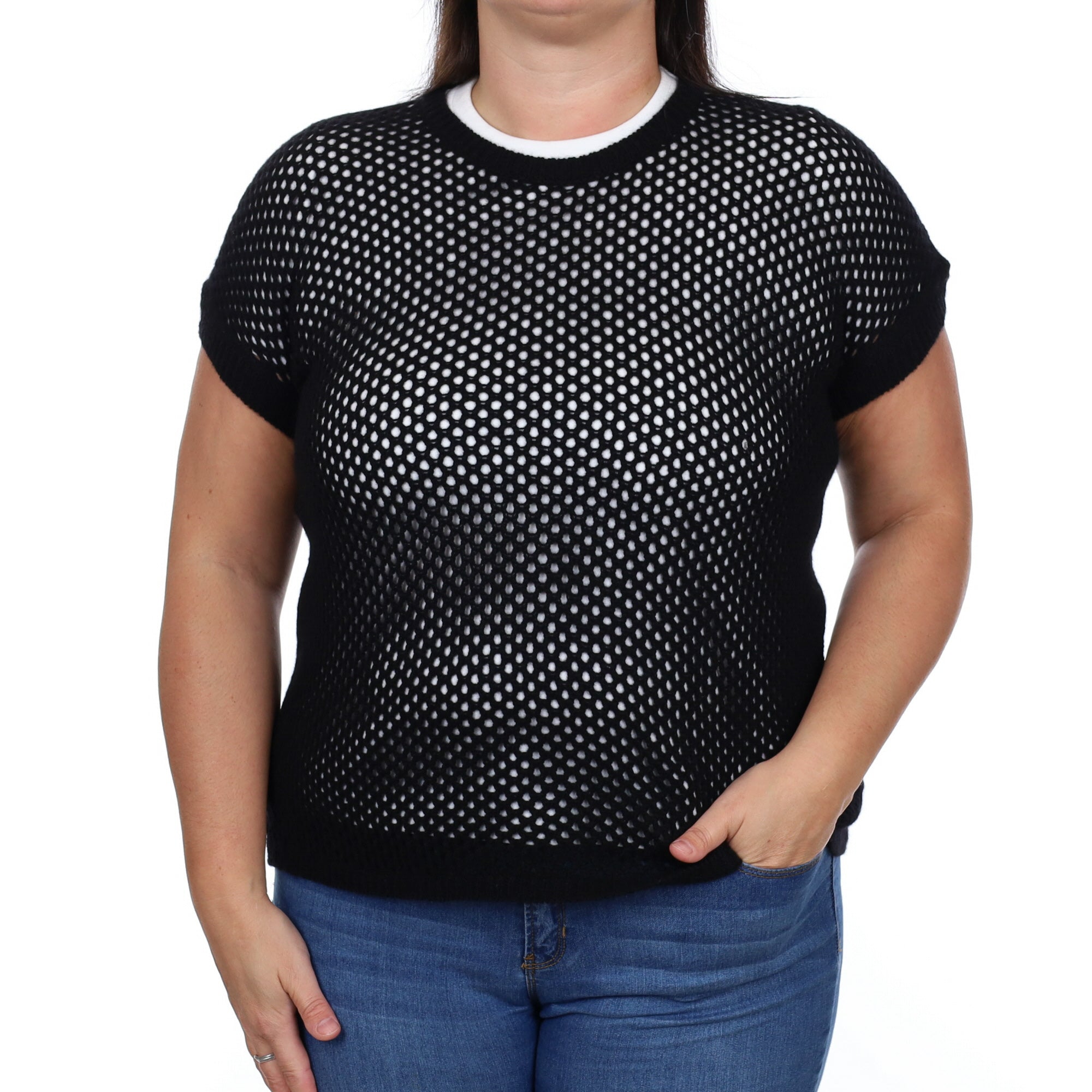 Brand New Scottish Black Lace Knit Short Sleeve Jumper Large
