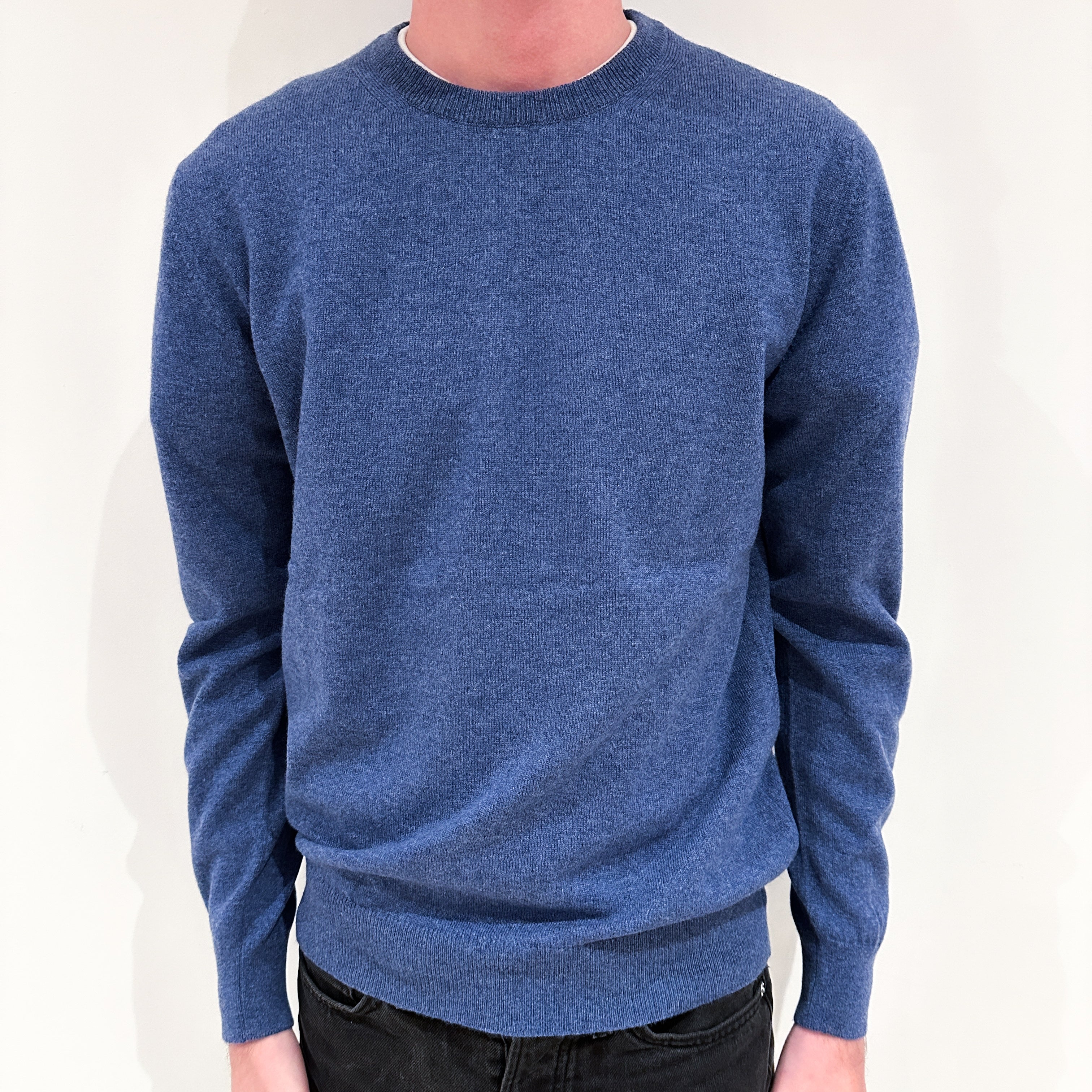 Men's Brand New Scottish Denim Blue Cashmere Crew Neck Jumper Small