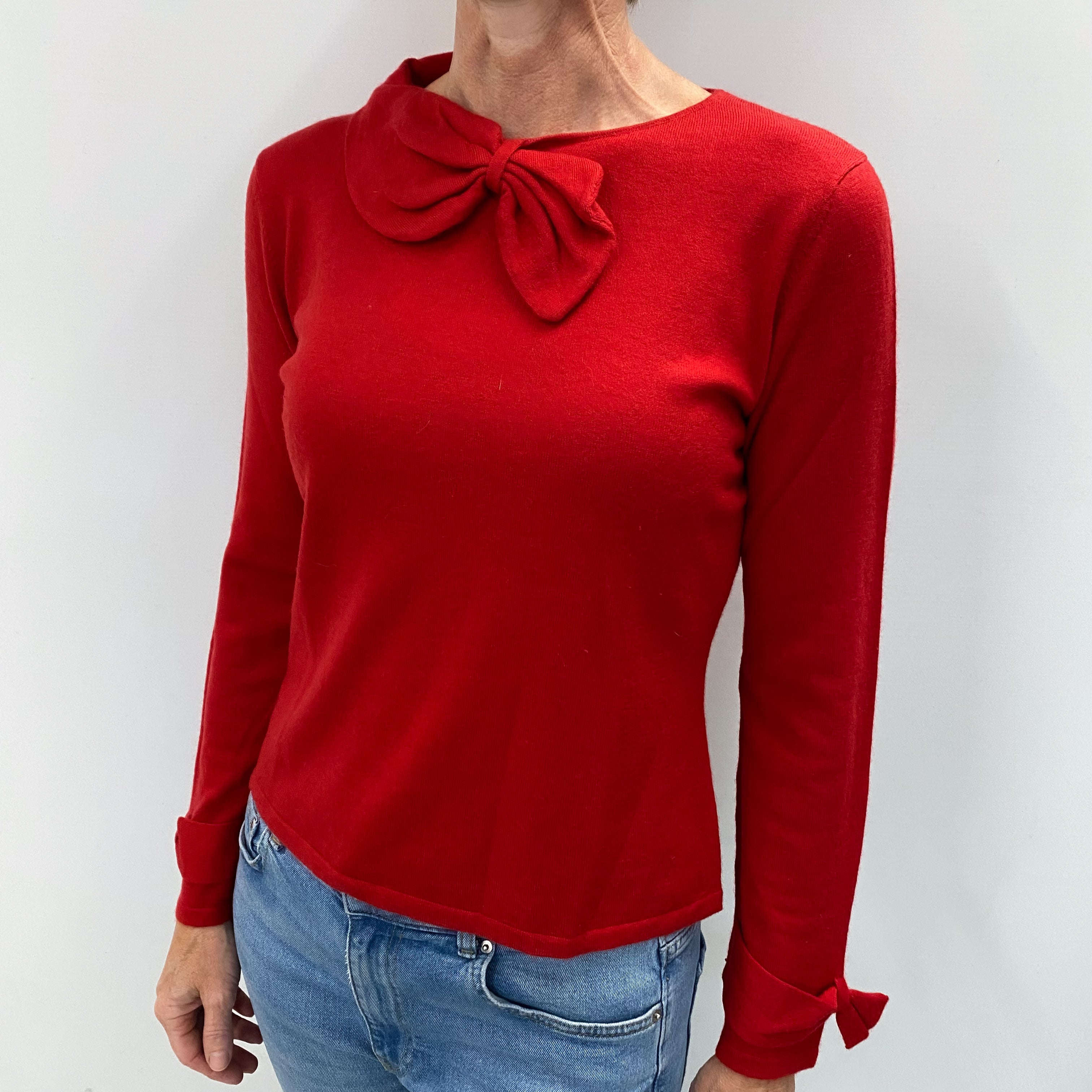 Scarlet Red Bow Detail Cashmere Crew Neck Jumper Small