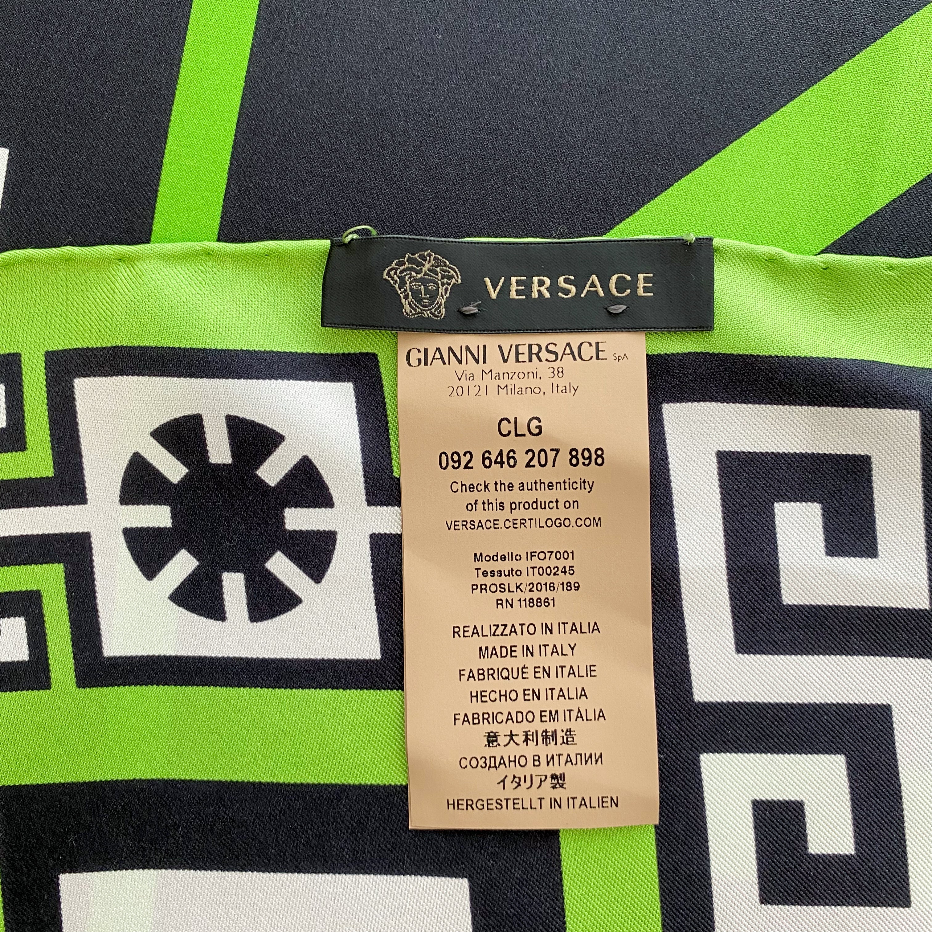 Immaculate Versace Lime Green Geometric Silk Scarf