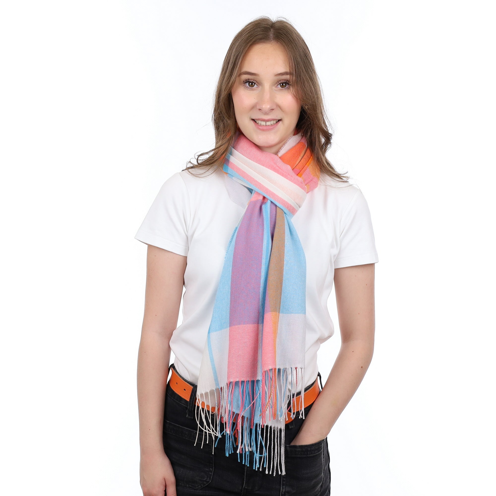 Brand New British Coral & Aqua Plaid Luxury Woven Cashmere Pashmina