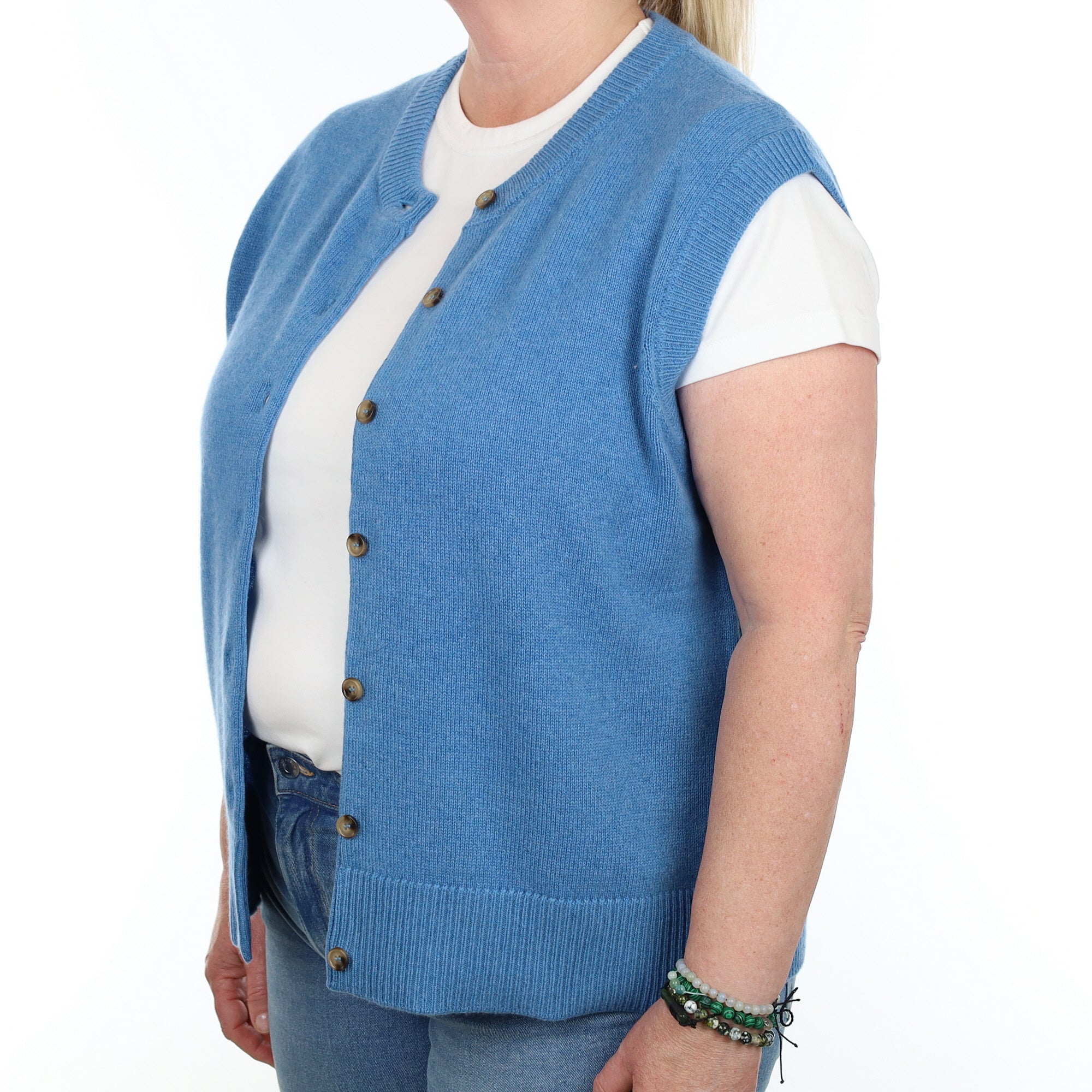 Brand New Mediterranean Blue Luxury Cashmere Crew Neck Waistcoat Extra Large UK 20-22
