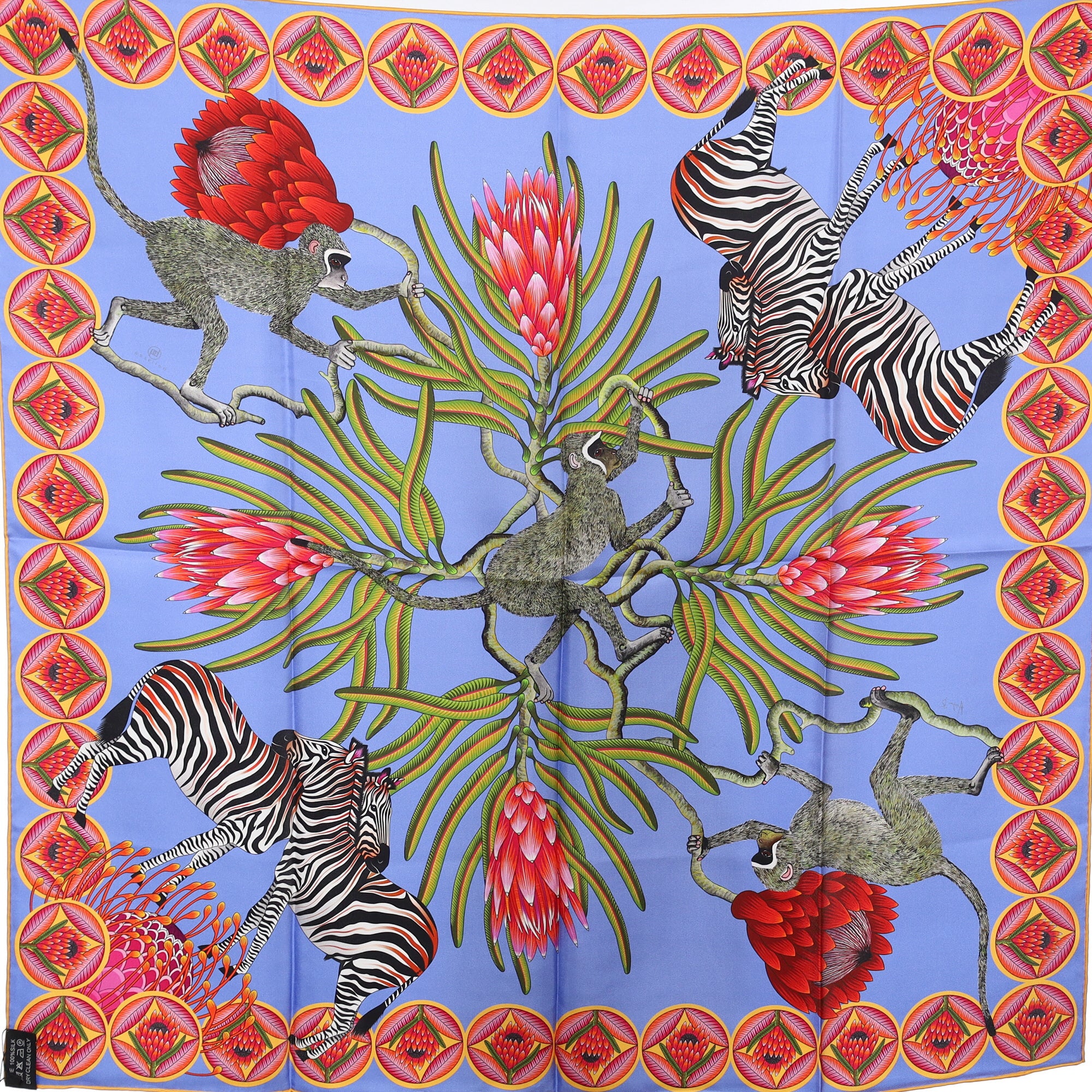 Brand New Bellezza Electric & Sky Blue Zebra Safari Double Faced Silk Scarf