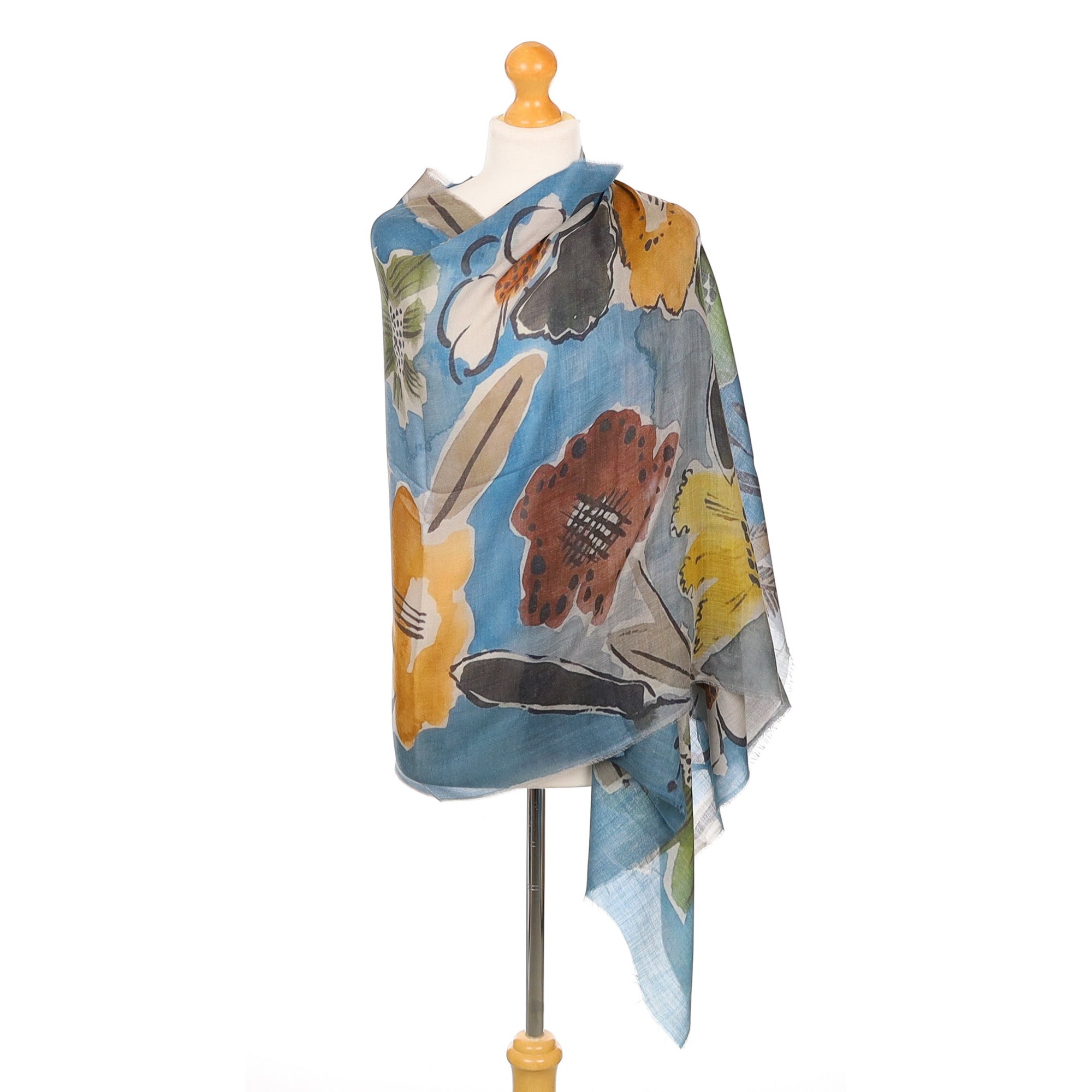 Scottish Begg & Co Blue Floral Fine Woven Cashmere Wrap