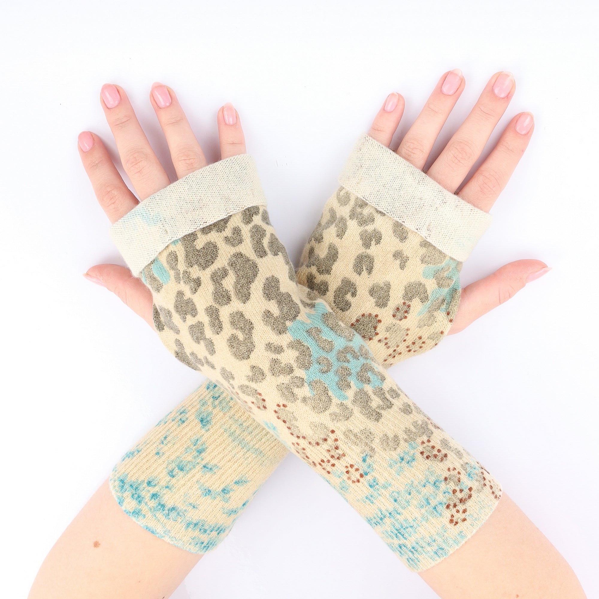Beige and Aqua Leopard Print Fingerless Gloves