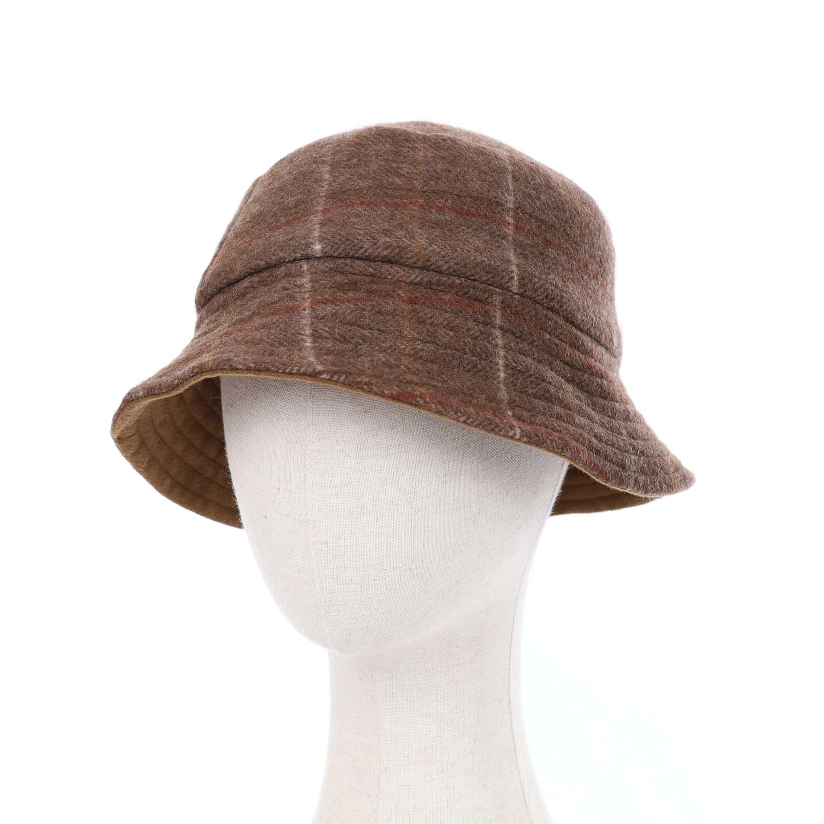 Brown and Rust Plaid Reversible Cashmere Bucket Hat Small
