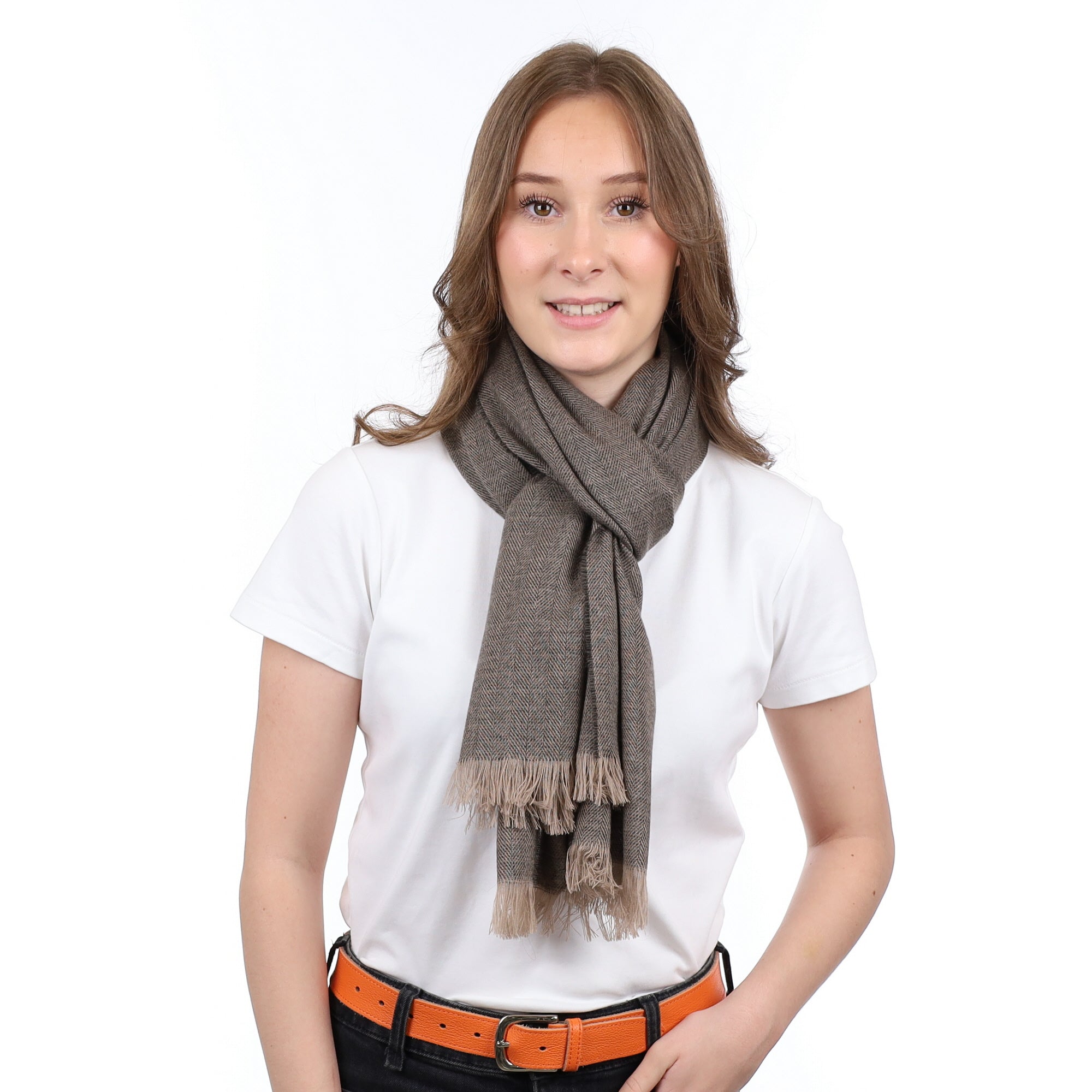 Brand New British Peppercorn & Fawn Herringbone Luxury Woven Cashmere Mini Wrap