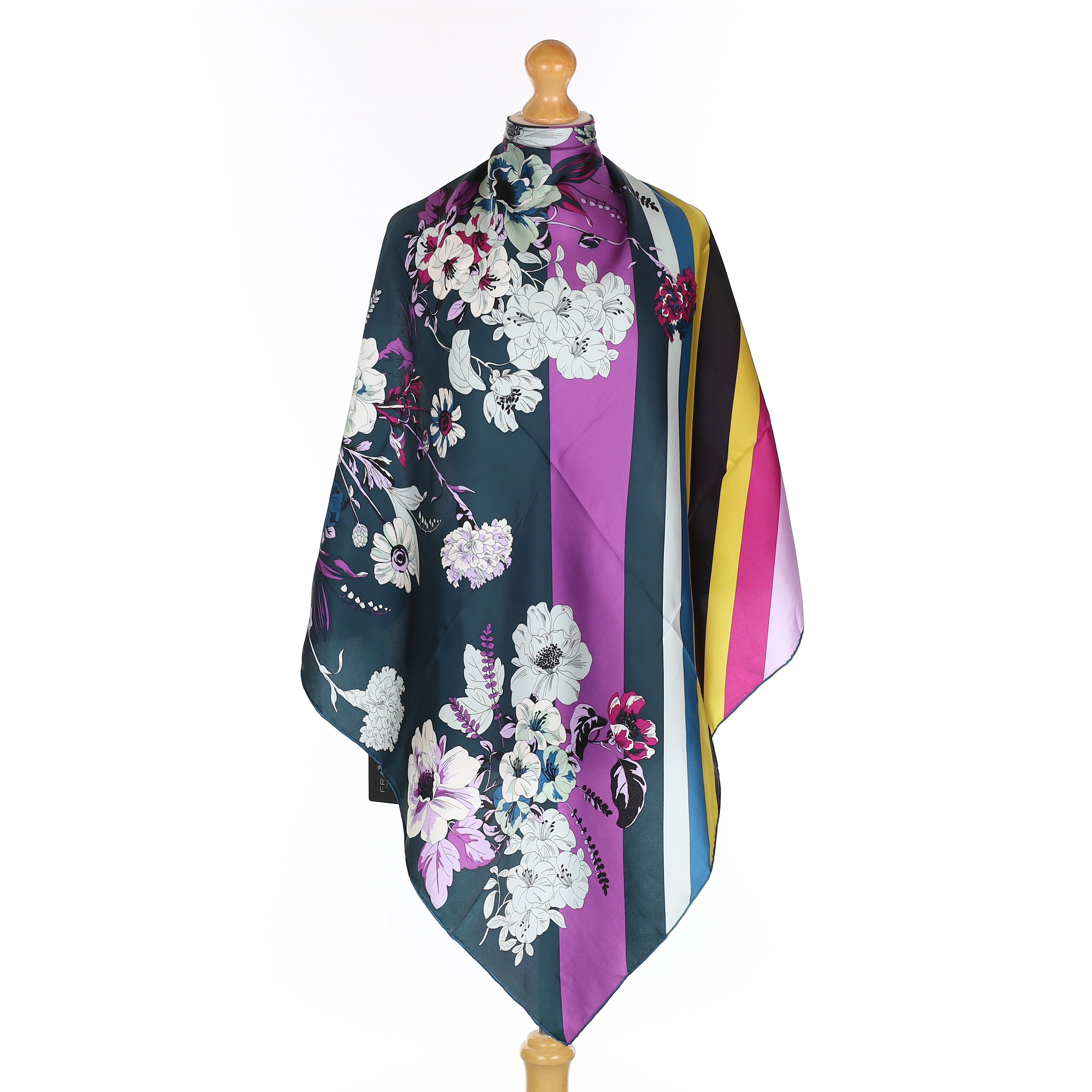 Fraas Petrol Blue Floral and Stripe Silk Scarf