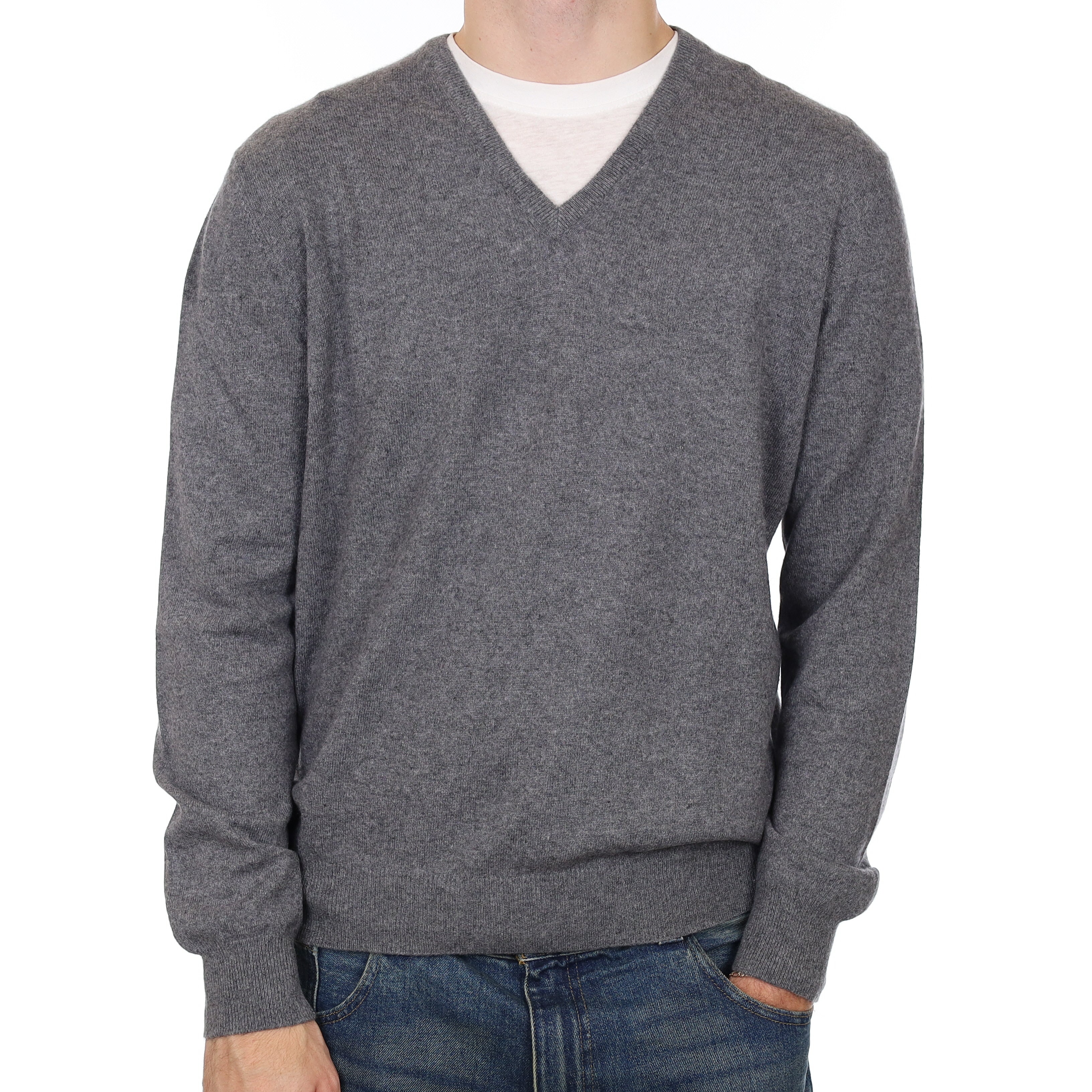 Men’s Italian Gran Sasso Slate Grey Cashmere V Neck Jumper Large