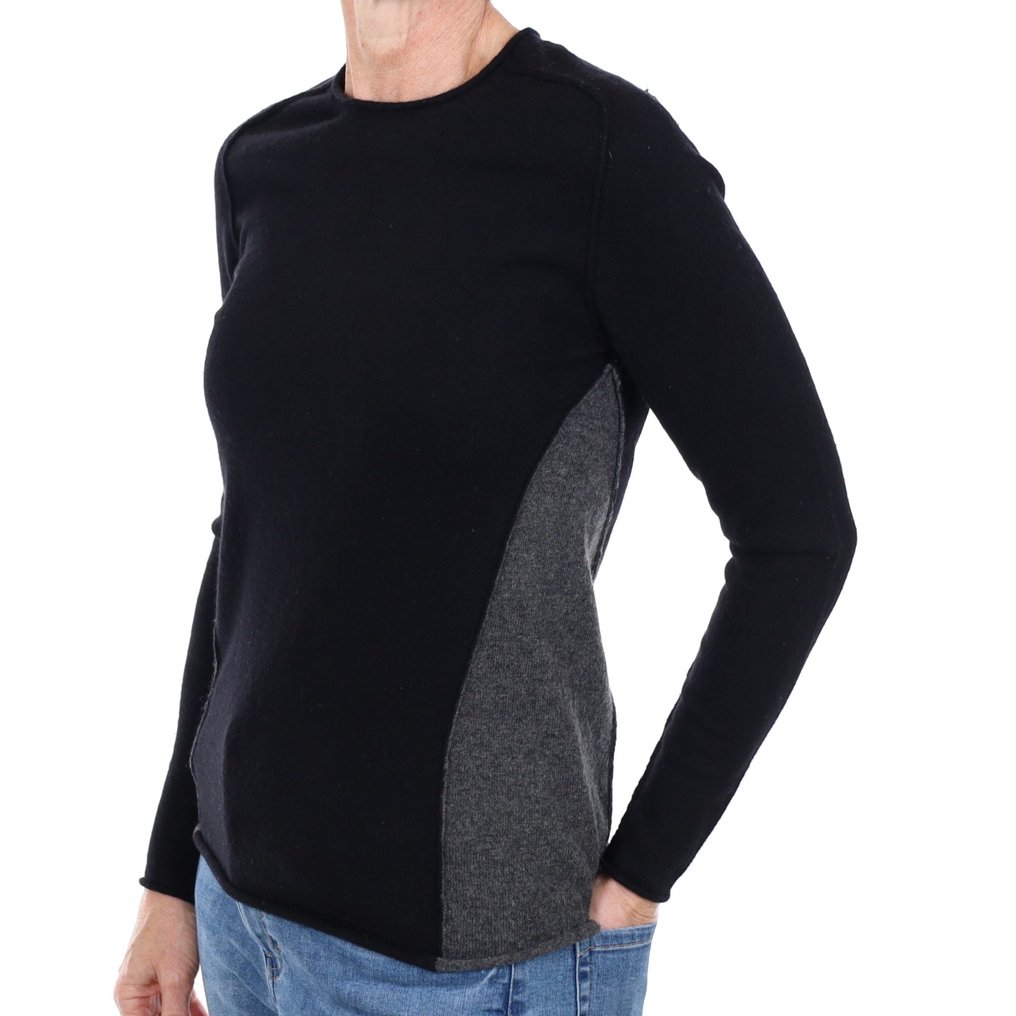 Black and Grey Cashmere Crew Neck Jumper Small