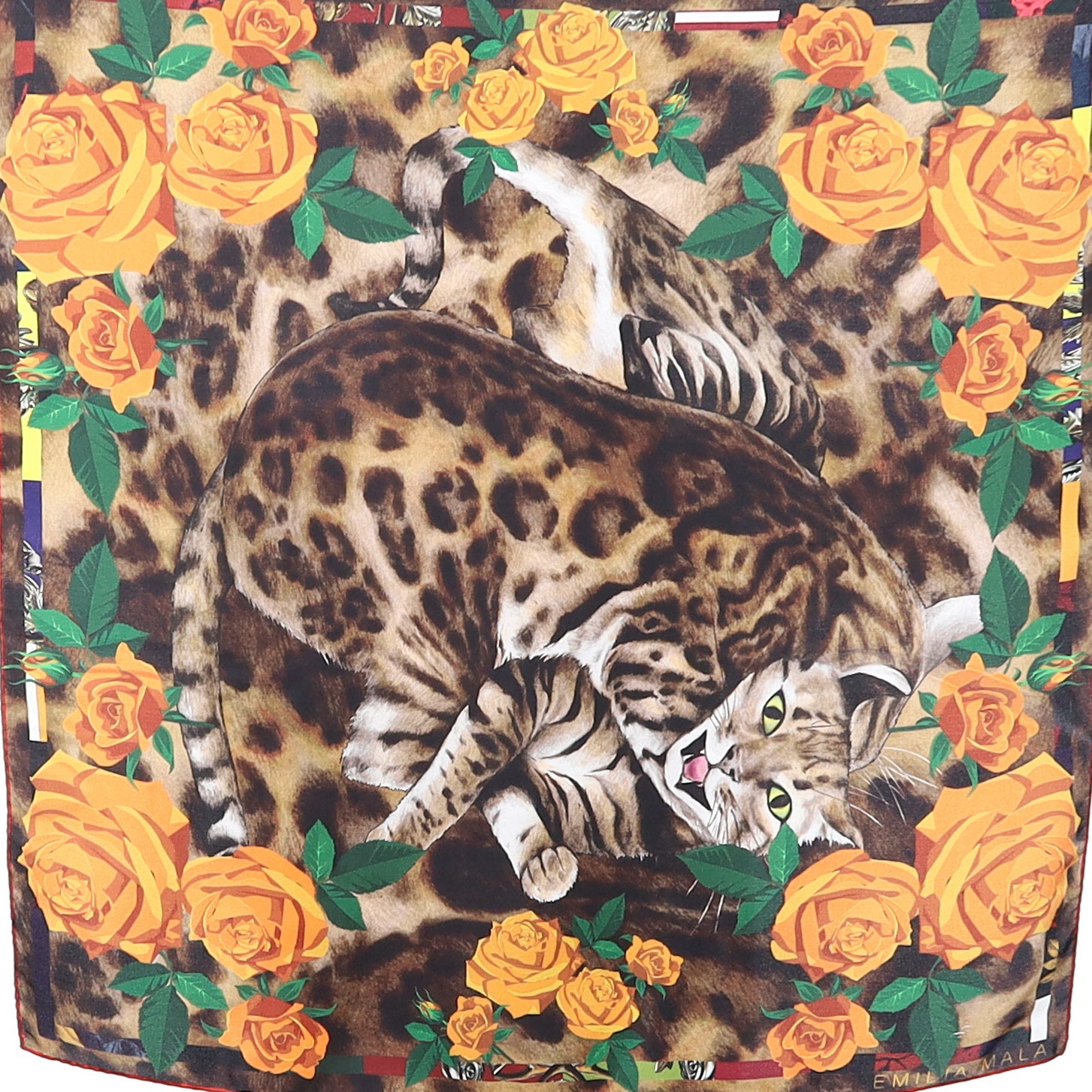 Emilia Mala Cat In Roses Silk Scarf