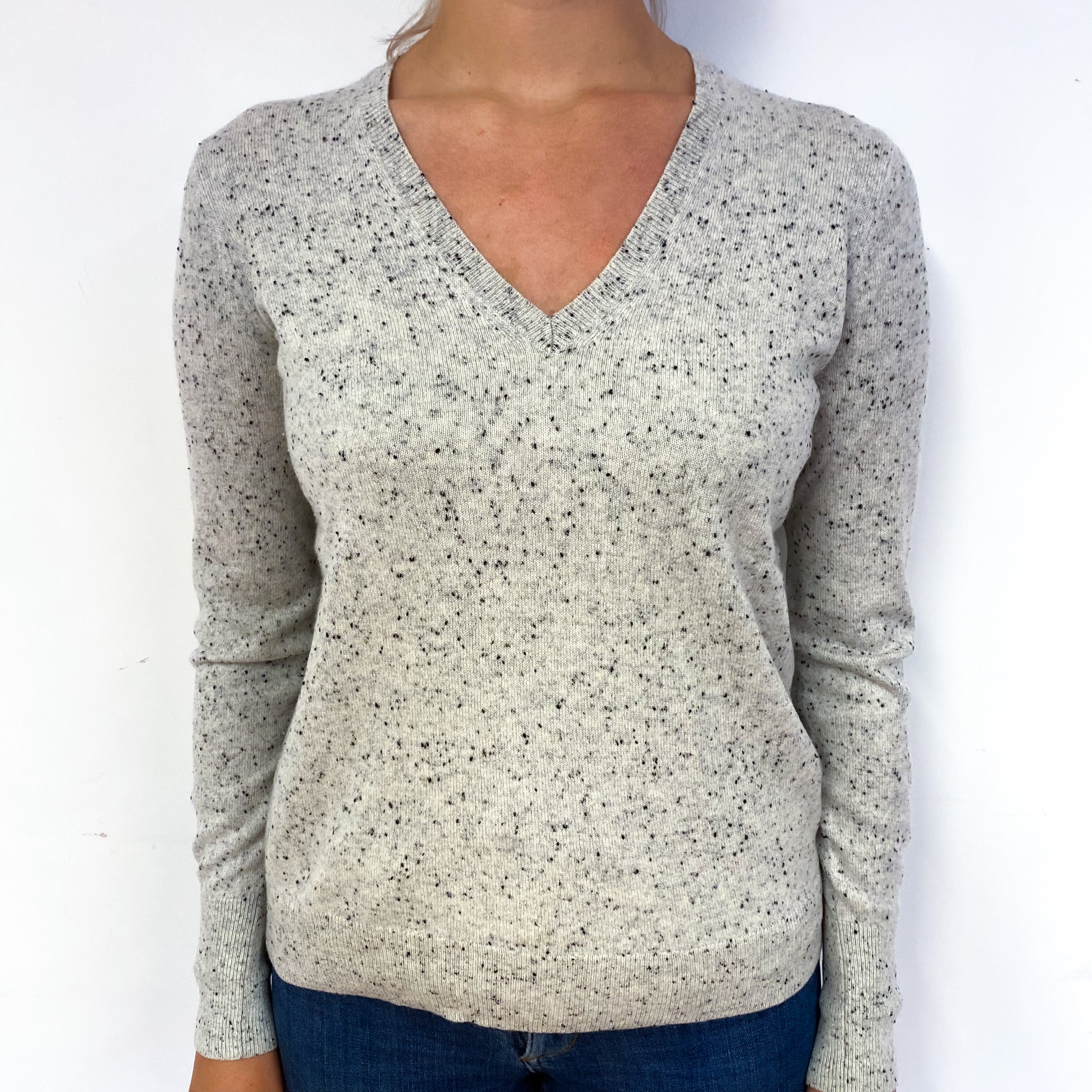 Mist Grey Flecked Cashmere V-Neck Jumper Small