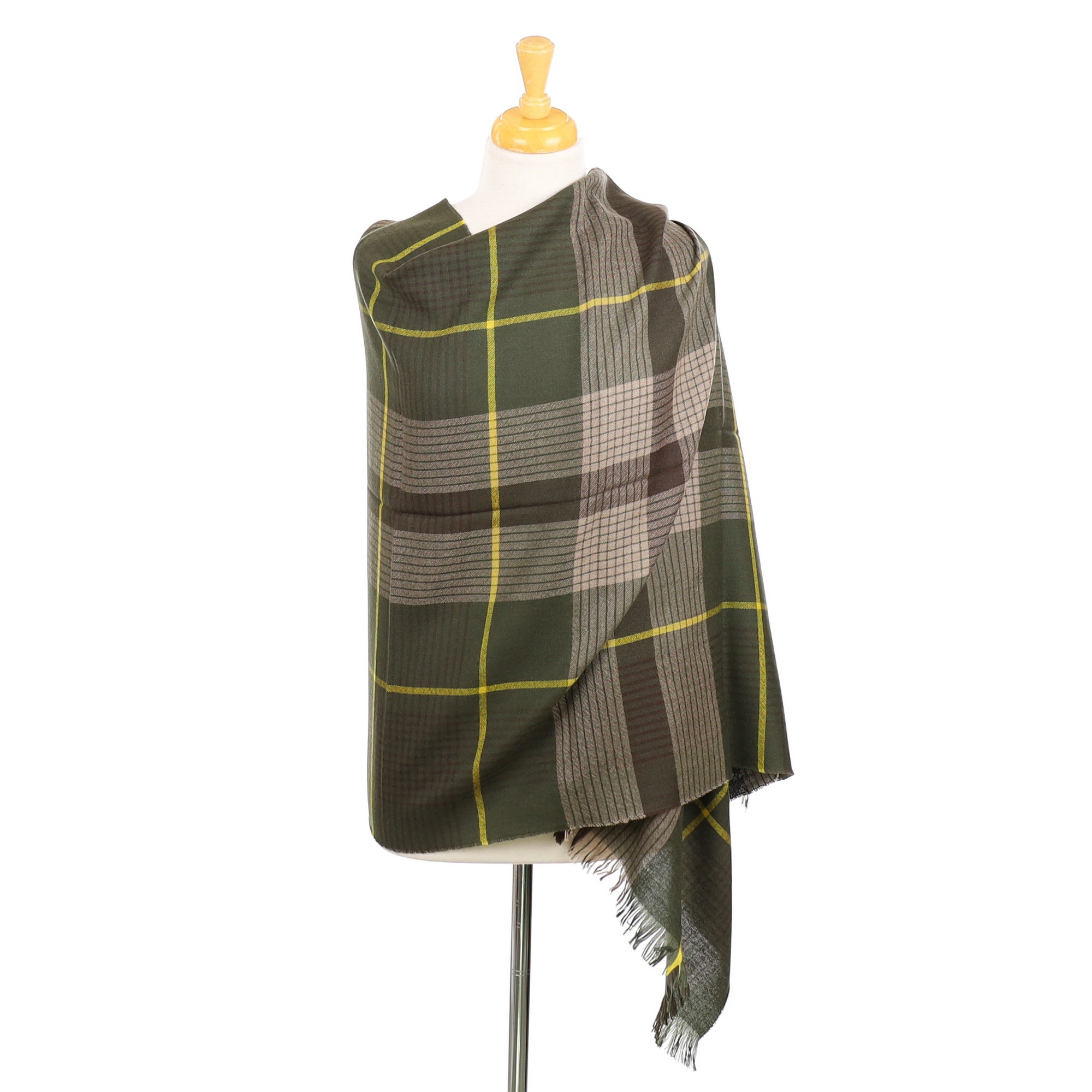 Begg & Co Olive Green Checked Cashmere Wrap