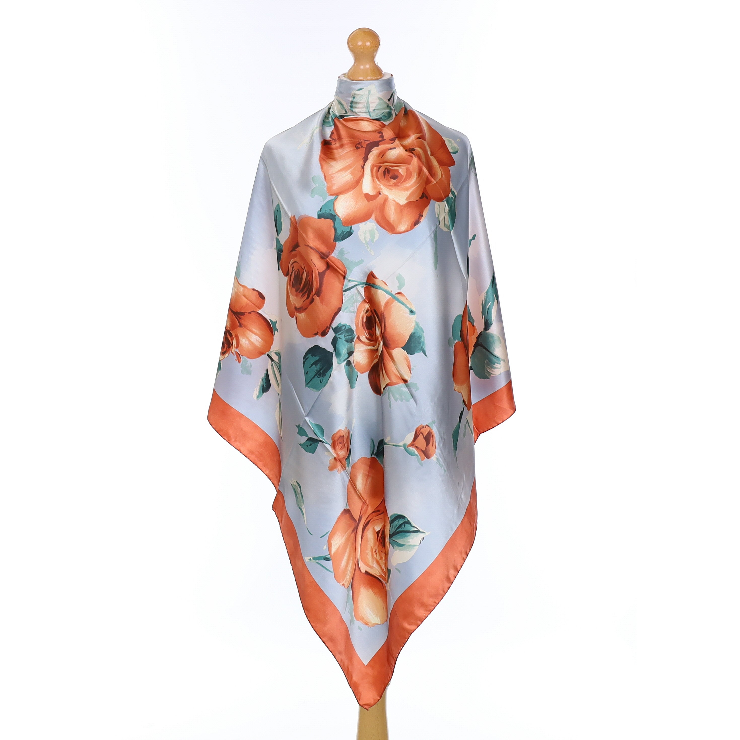 Brand New Blue And Rouge Rose Design Silk Scarf