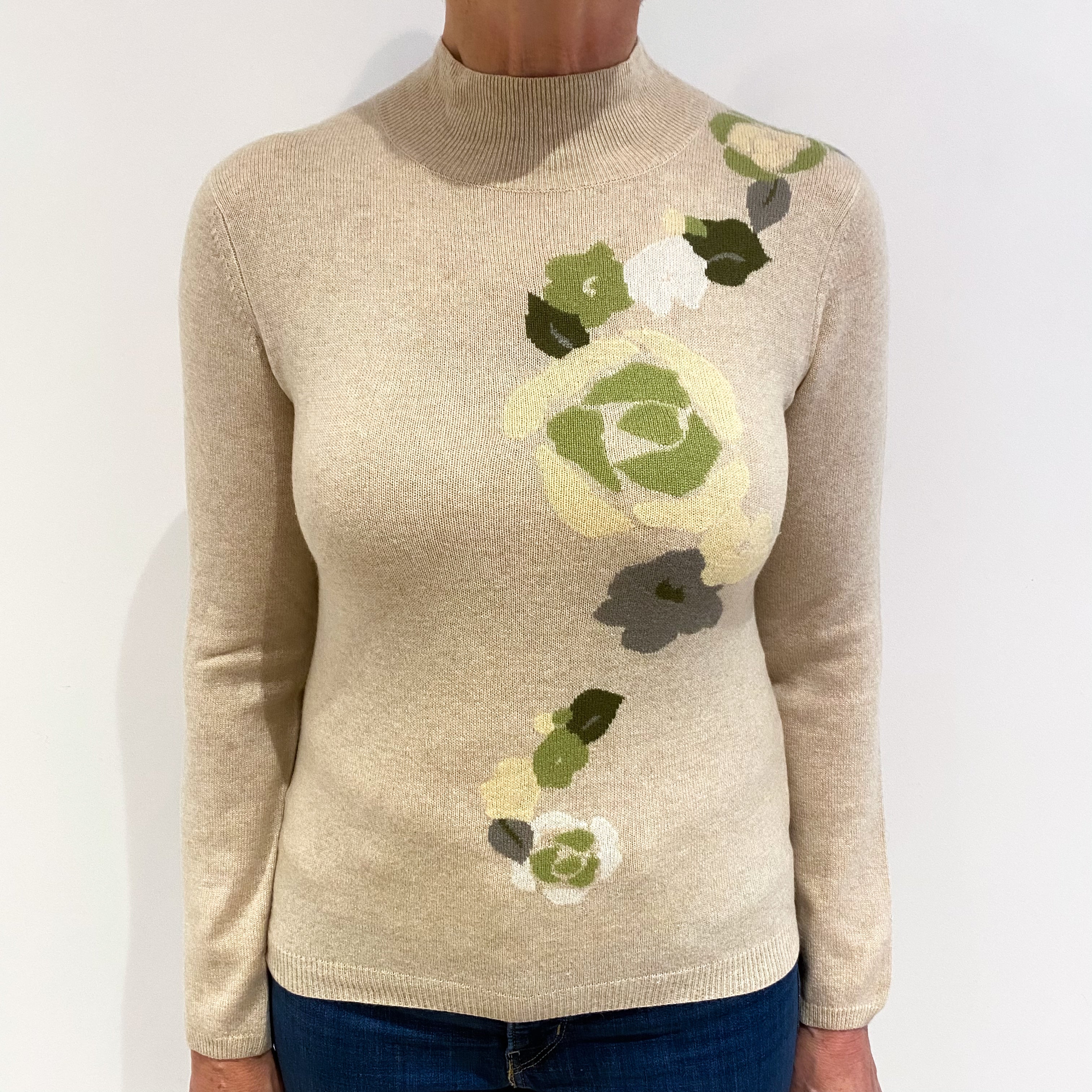 Oatmeal Beige Cashmere Funnel Neck Jumper Medium