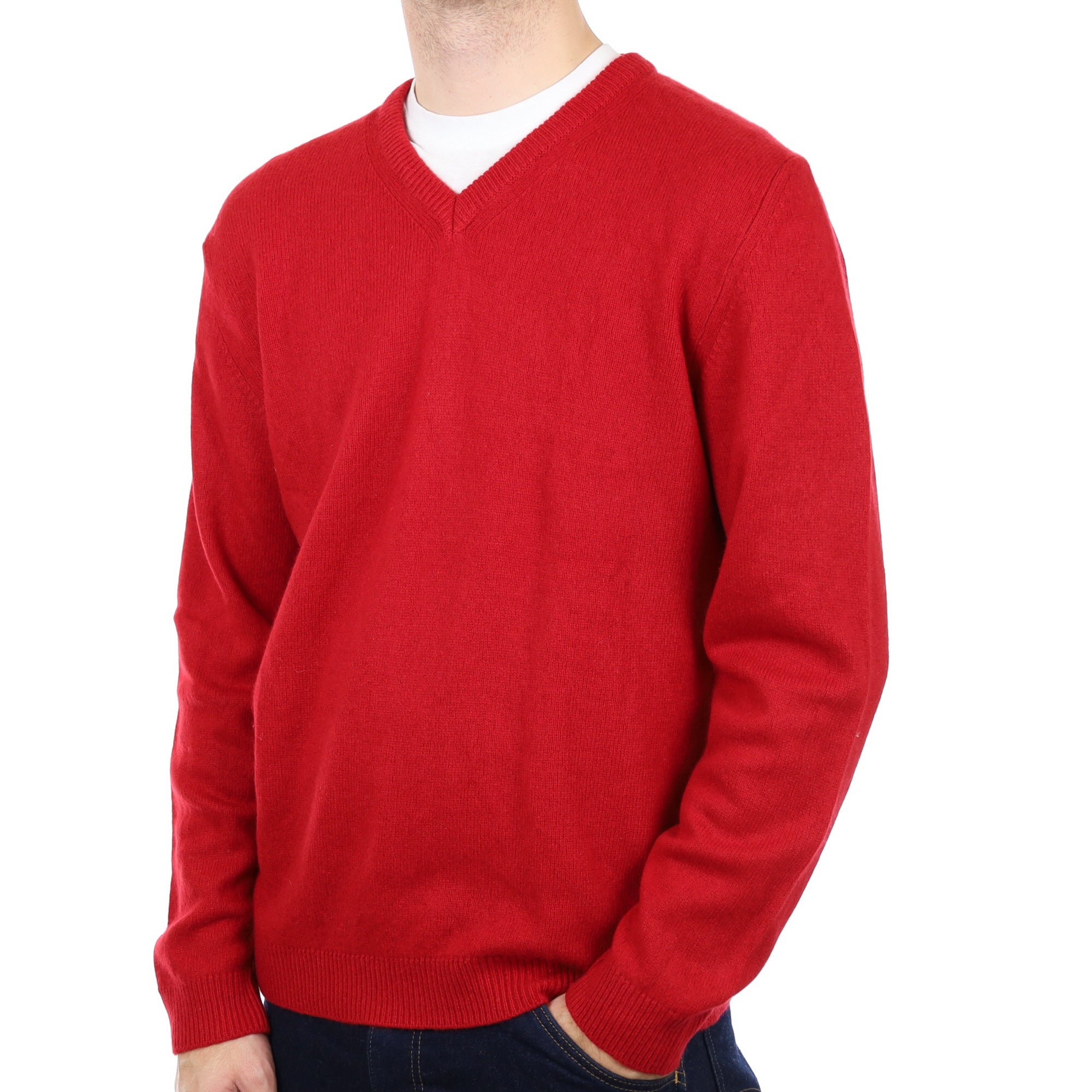 Men's Crimson Red Cashmere V Neck Jumper Large