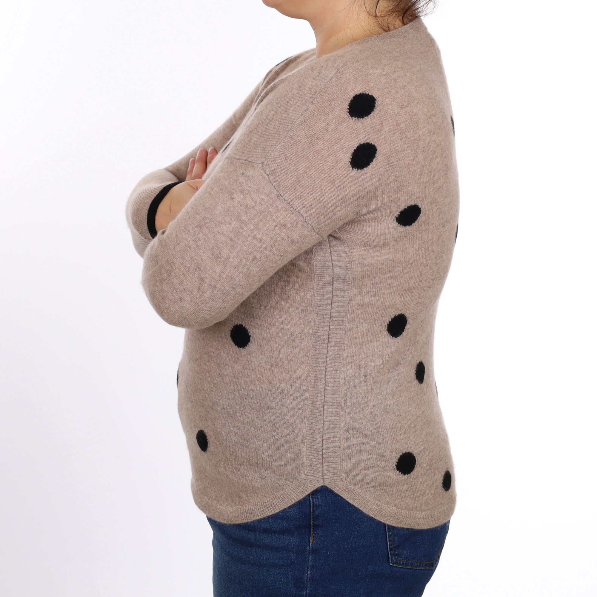 Fawn and Black Spot Cashmere Crew Neck Jumper Large