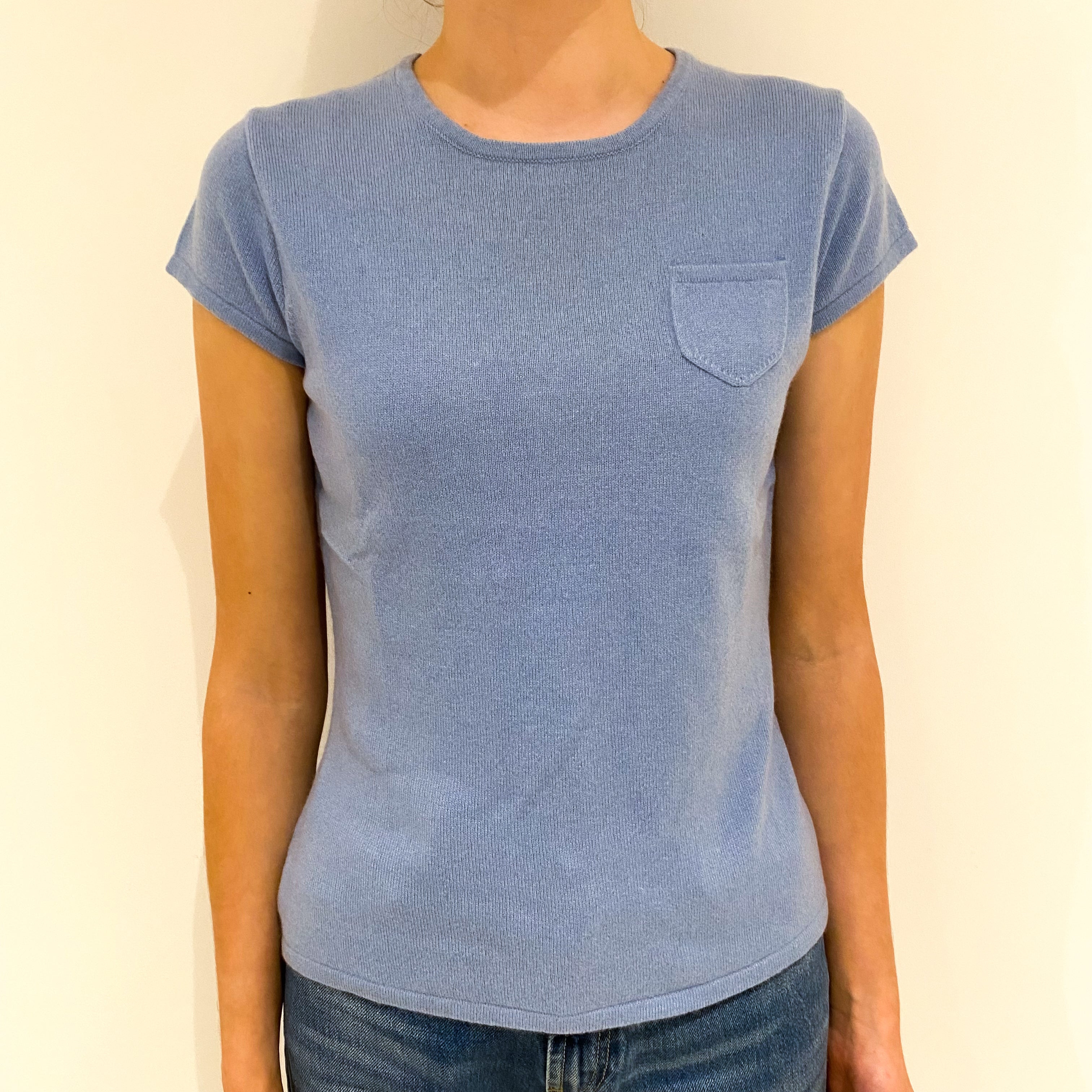 Pale Blue Cashmere Crew Neck Short Sleeved Jumper Extra Small