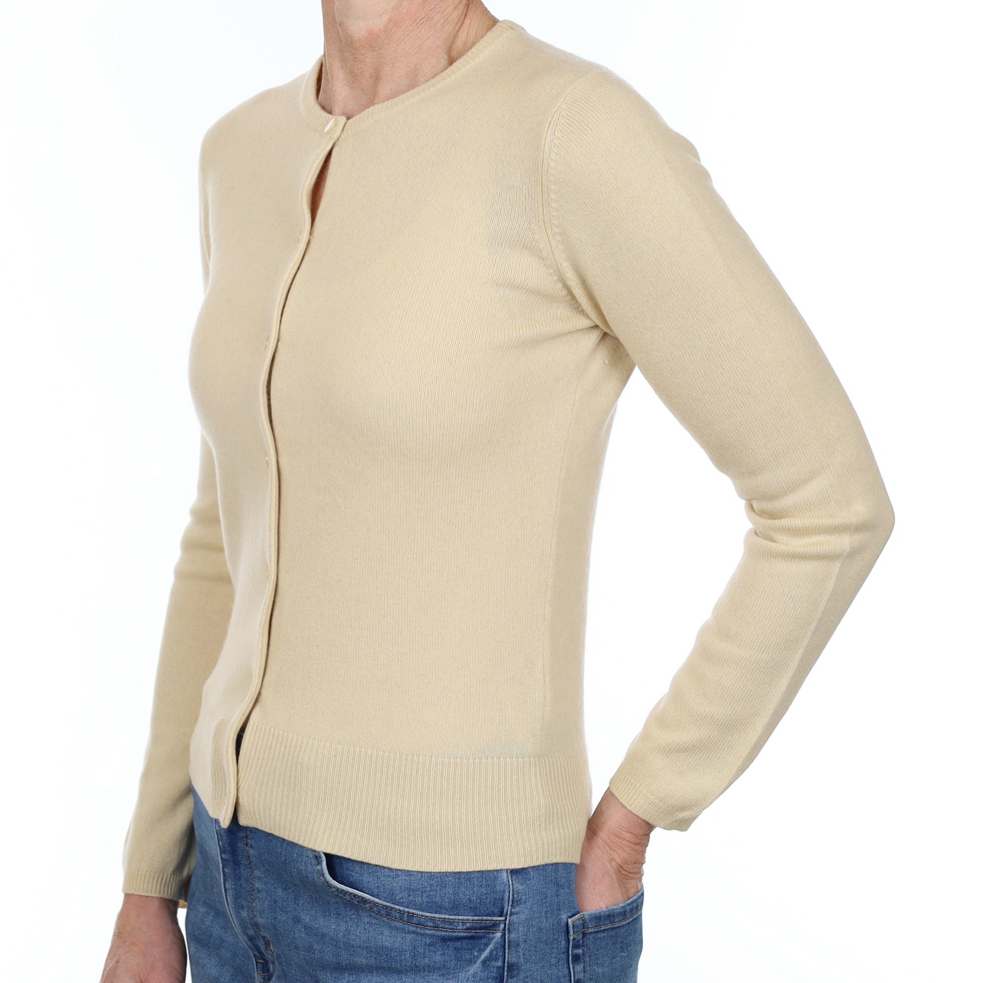 Soft Beige Cashmere Crew Neck Cardigan Small