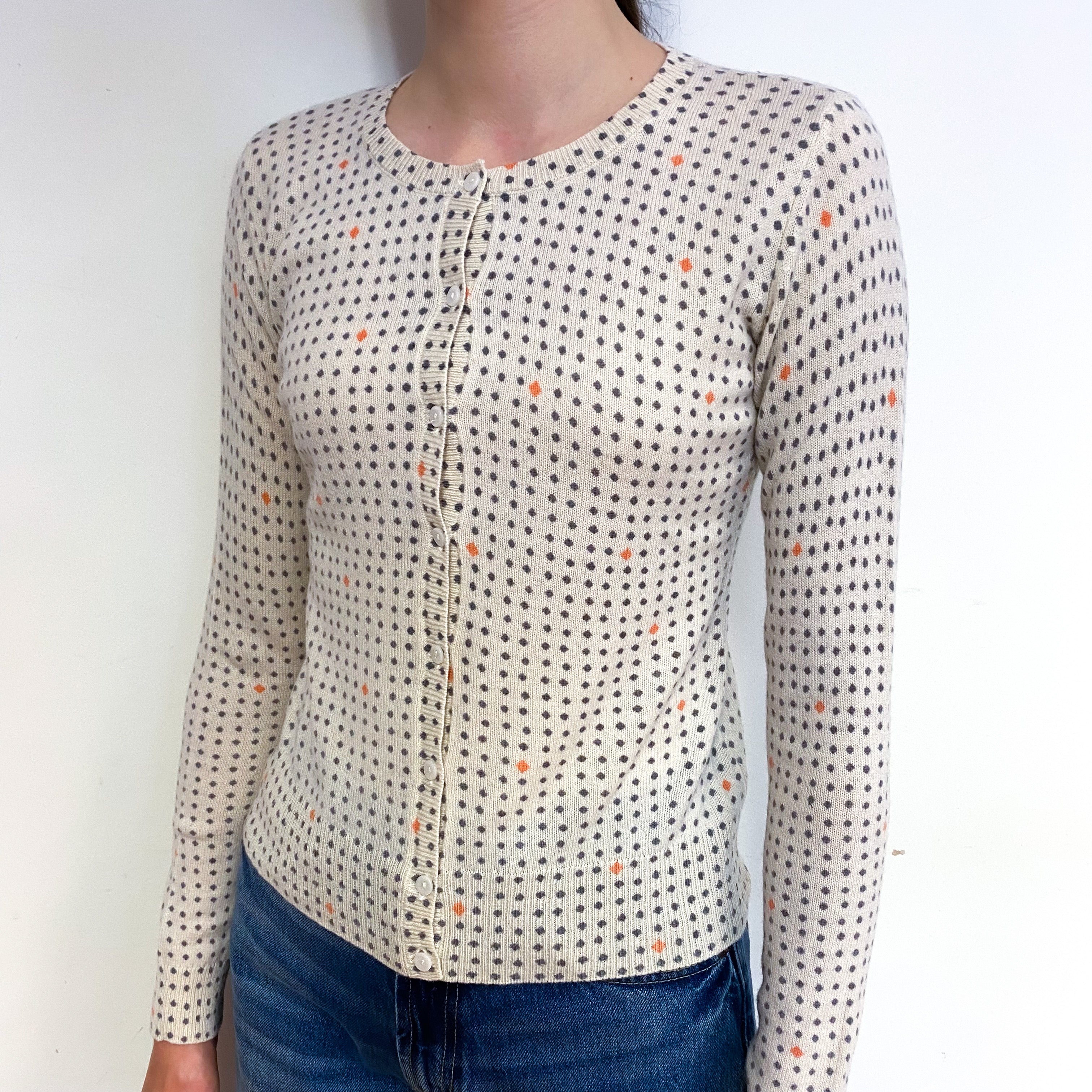 Cream Ditsy Diamond Cashmere Crew Neck Cardigan Extra Small