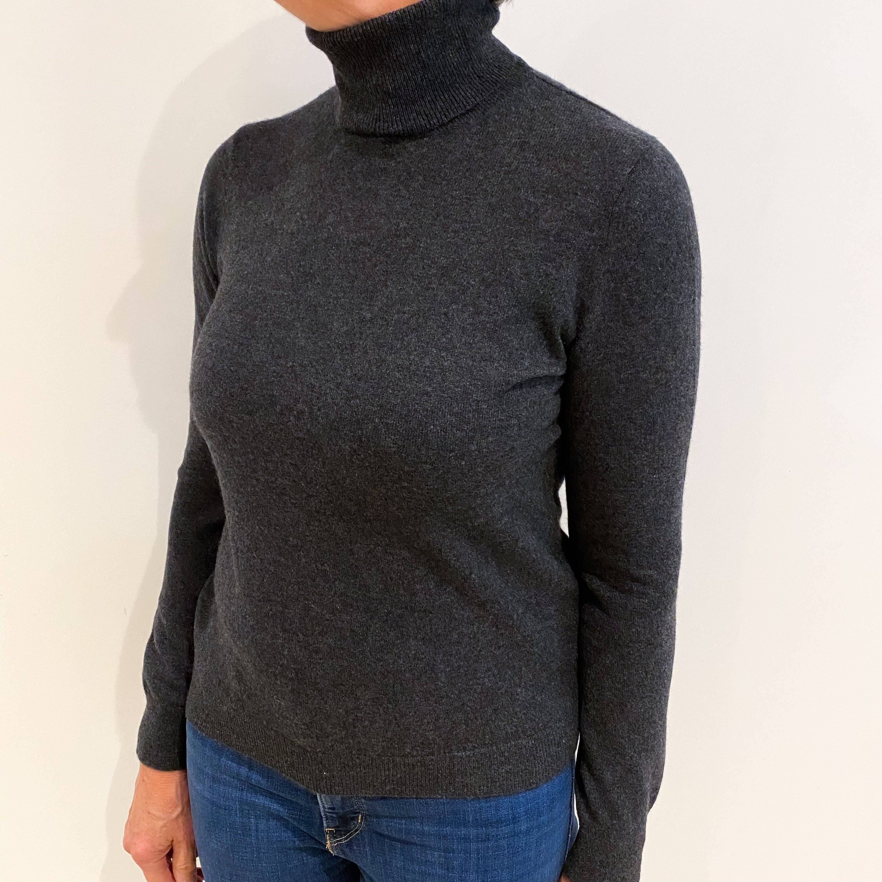 Charcoal Grey Cashmere Polo Neck Jumper Medium