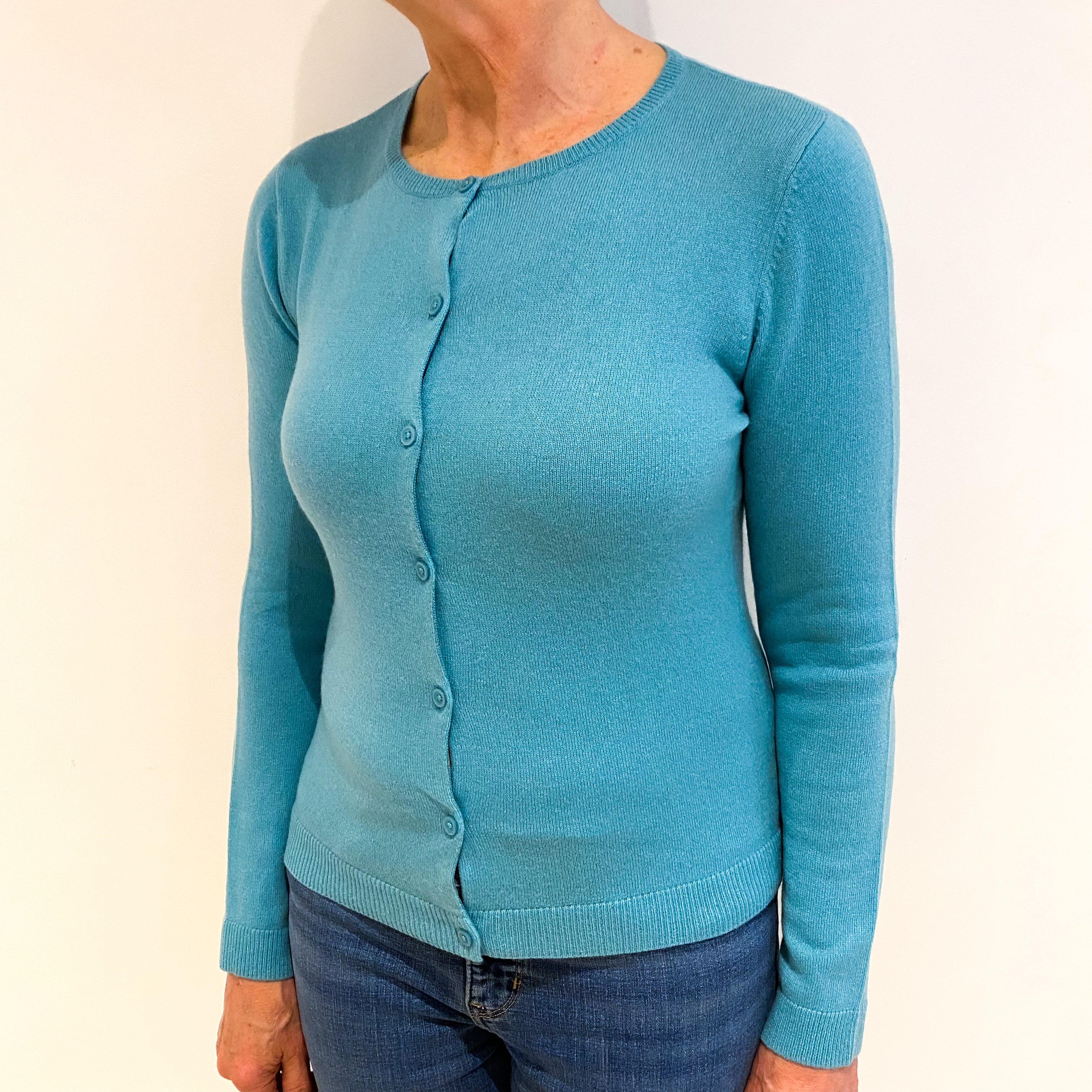 Aqua Blue Cashmere Crew Neck Cardigan Medium