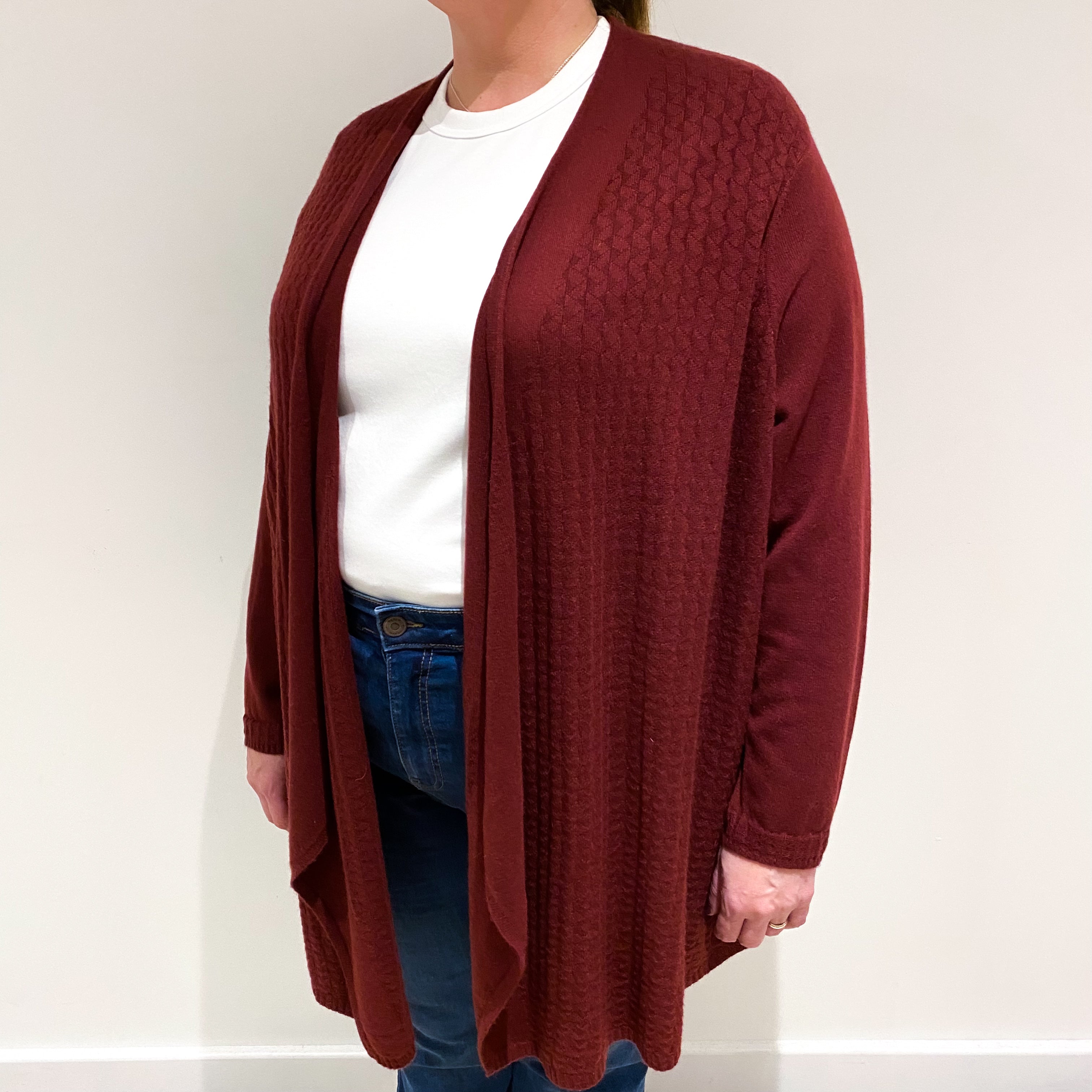 Burgundy Red Cable Cashmere Waterfall Cardigan Extra Extra Large