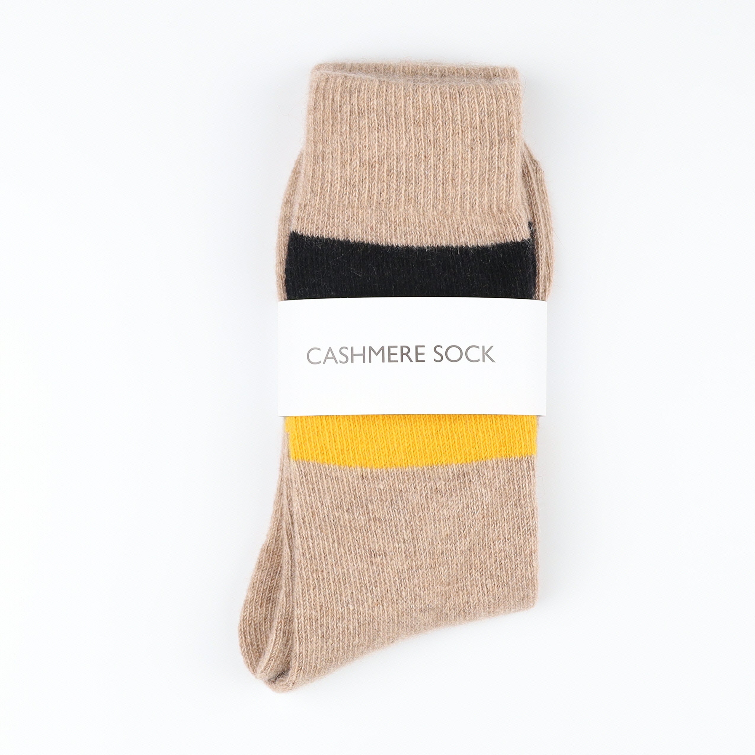 Brand New Scottish Taupe Yellow & Black Stripe Ladies Cashmere Every Day Socks