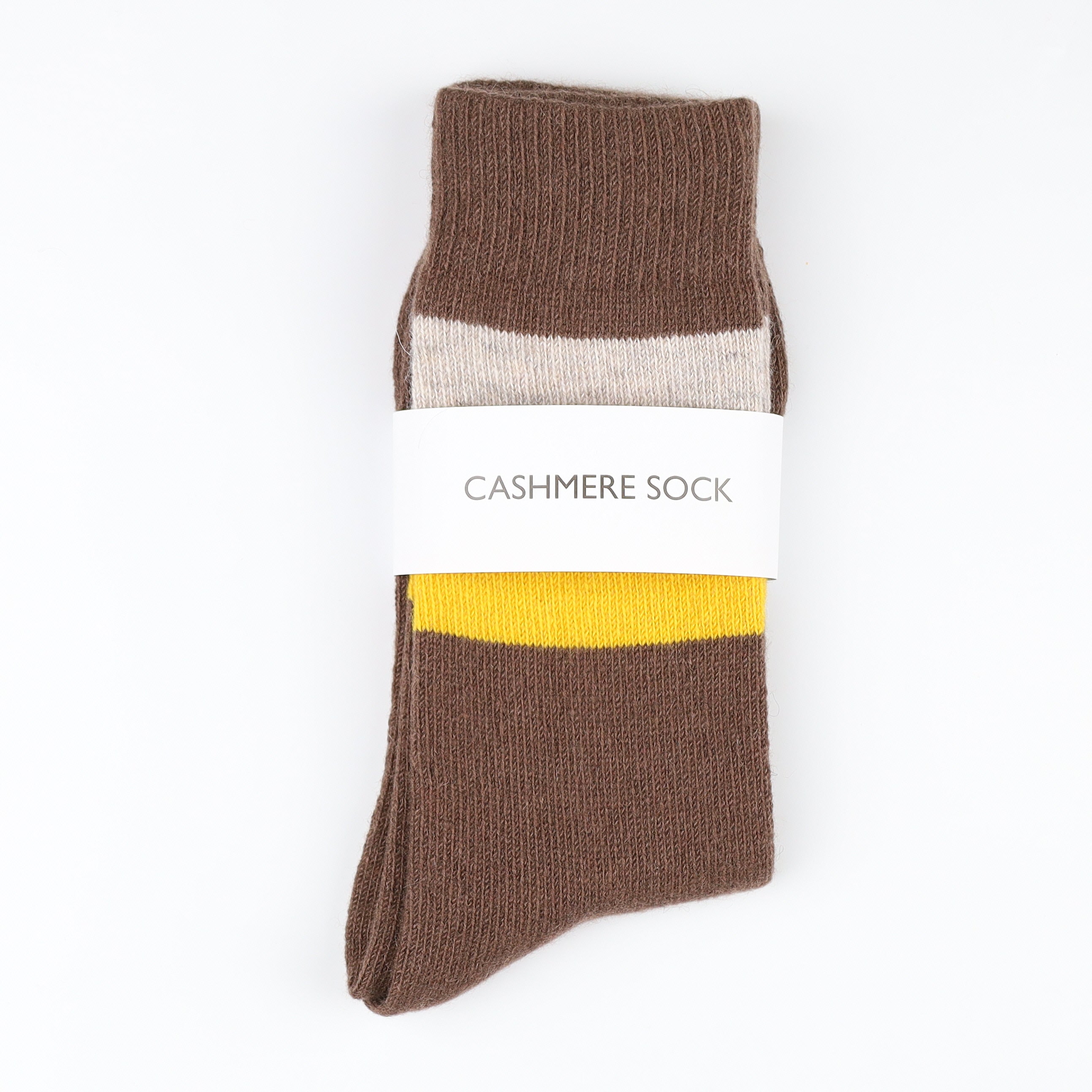 Brand New Scottish Coffee Brown & Yellow Stripe Ladies Cashmere Every Day Socks
