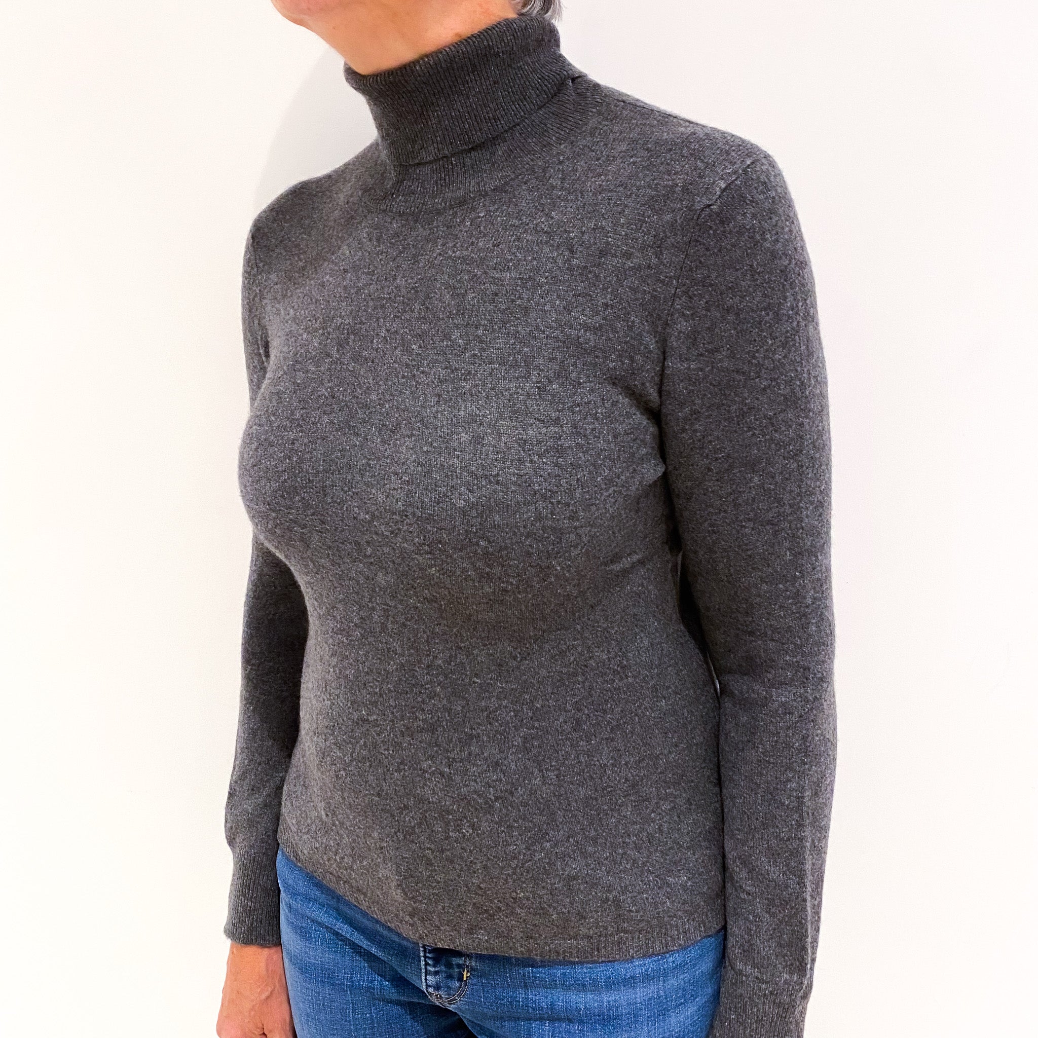 Slate Grey Cashmere Polo Neck Jumper Medium