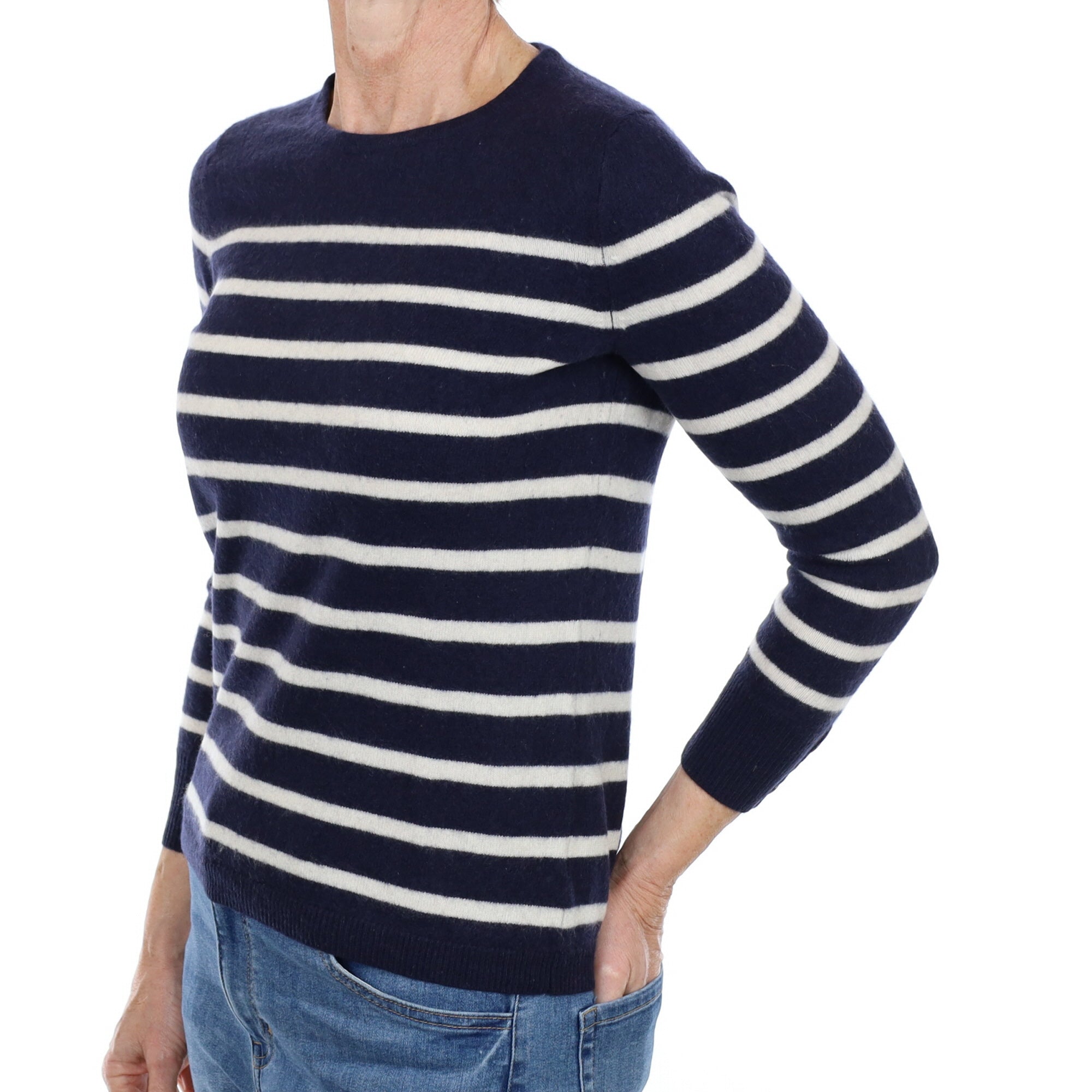 Navy Striped Cashmere Crew Neck Jumper Small