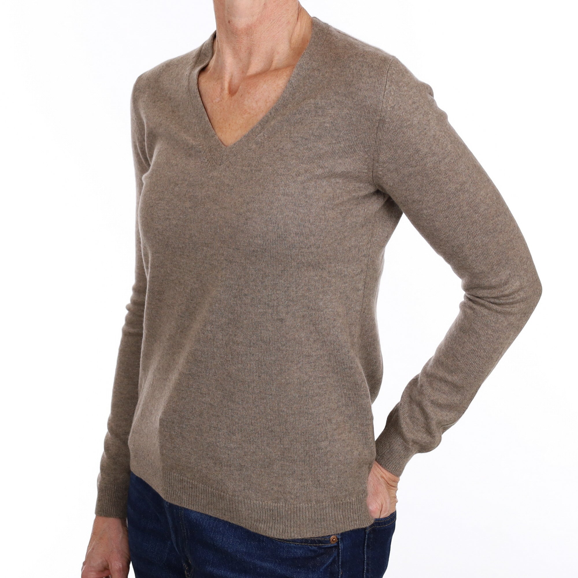 Mocha Brown Cashmere V Neck Jumper Small