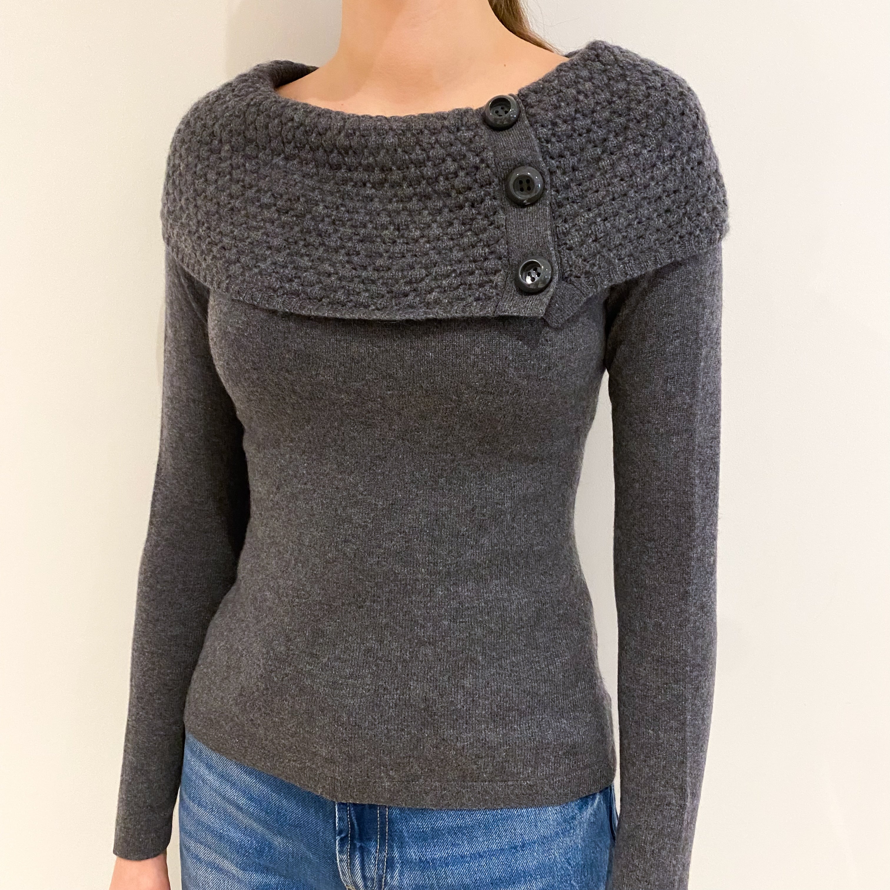 Slate Grey Textured Shawl Cashmere Slash Neck Jumper Extra Small