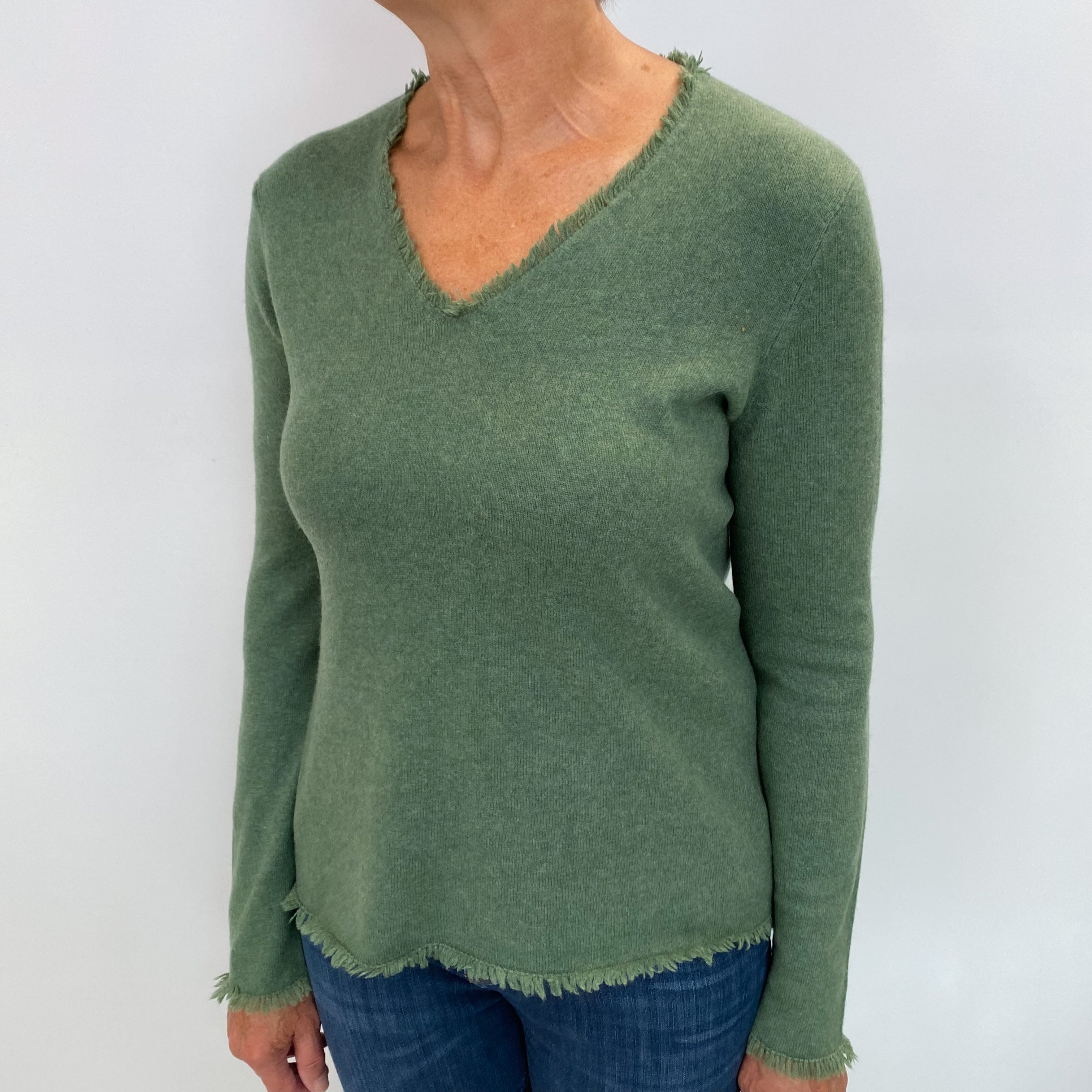 Fern Green Cashmere V Neck Jumper Medium