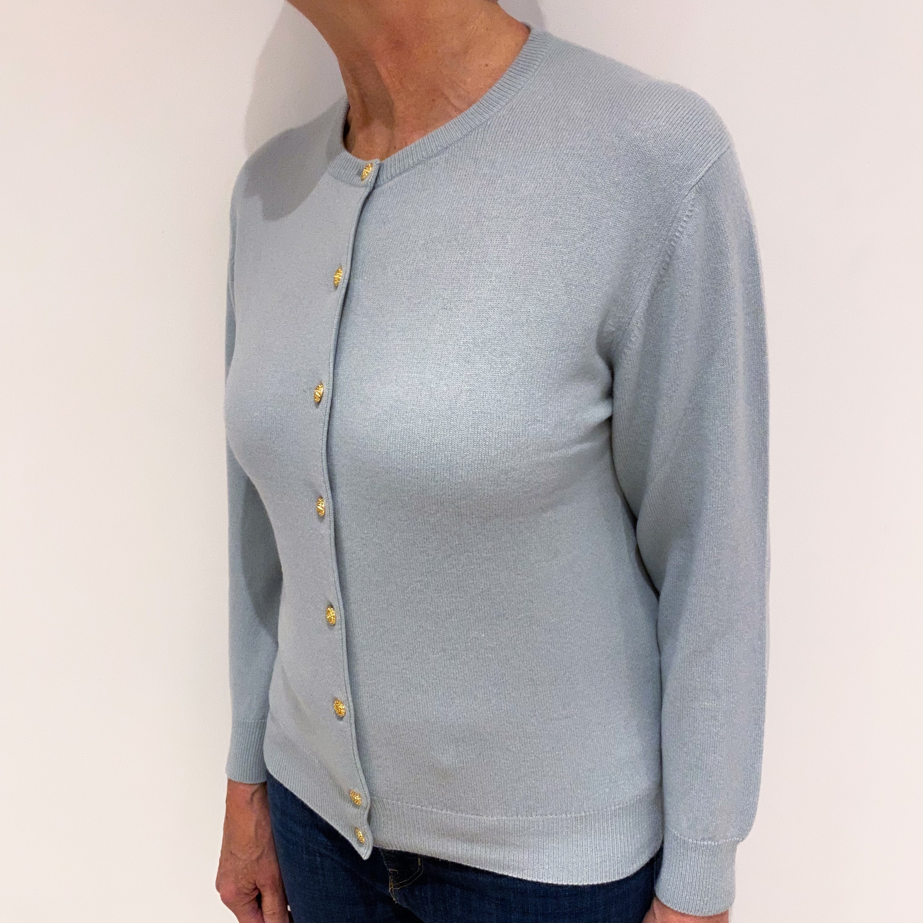 Duck Egg Blue Cashmere Crew Neck Cardigan with Gold Buttons Medium